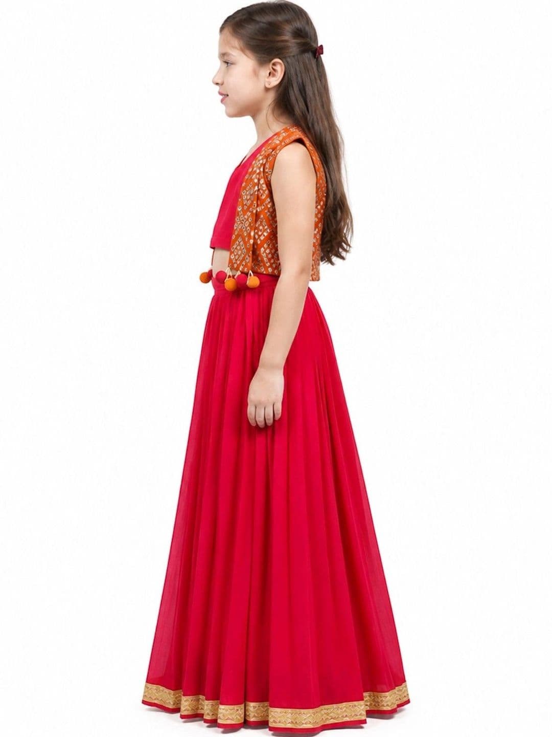 PICCOLO Girls  Mul Chanderi Choli, Lehenga & Mirror-Work Kachli Set-Red thumbnail 4