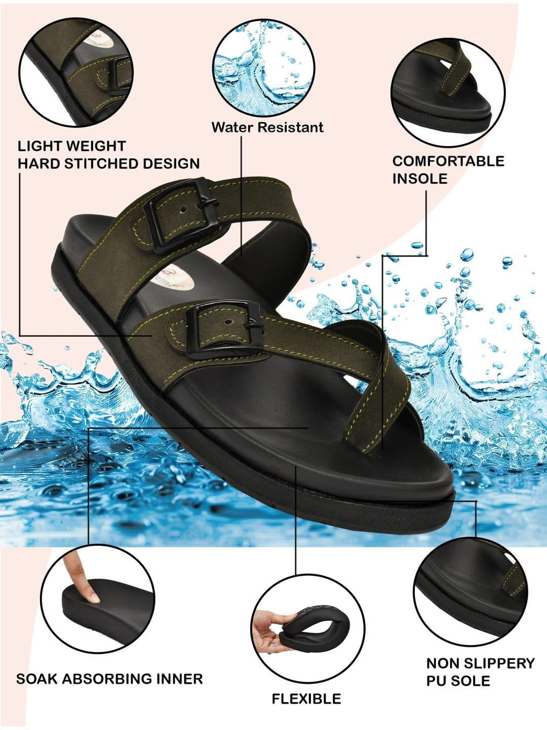 G L Trend Men Olive Leather Casual Comfort Orthopedic Slip-On Sandals thumbnail 7