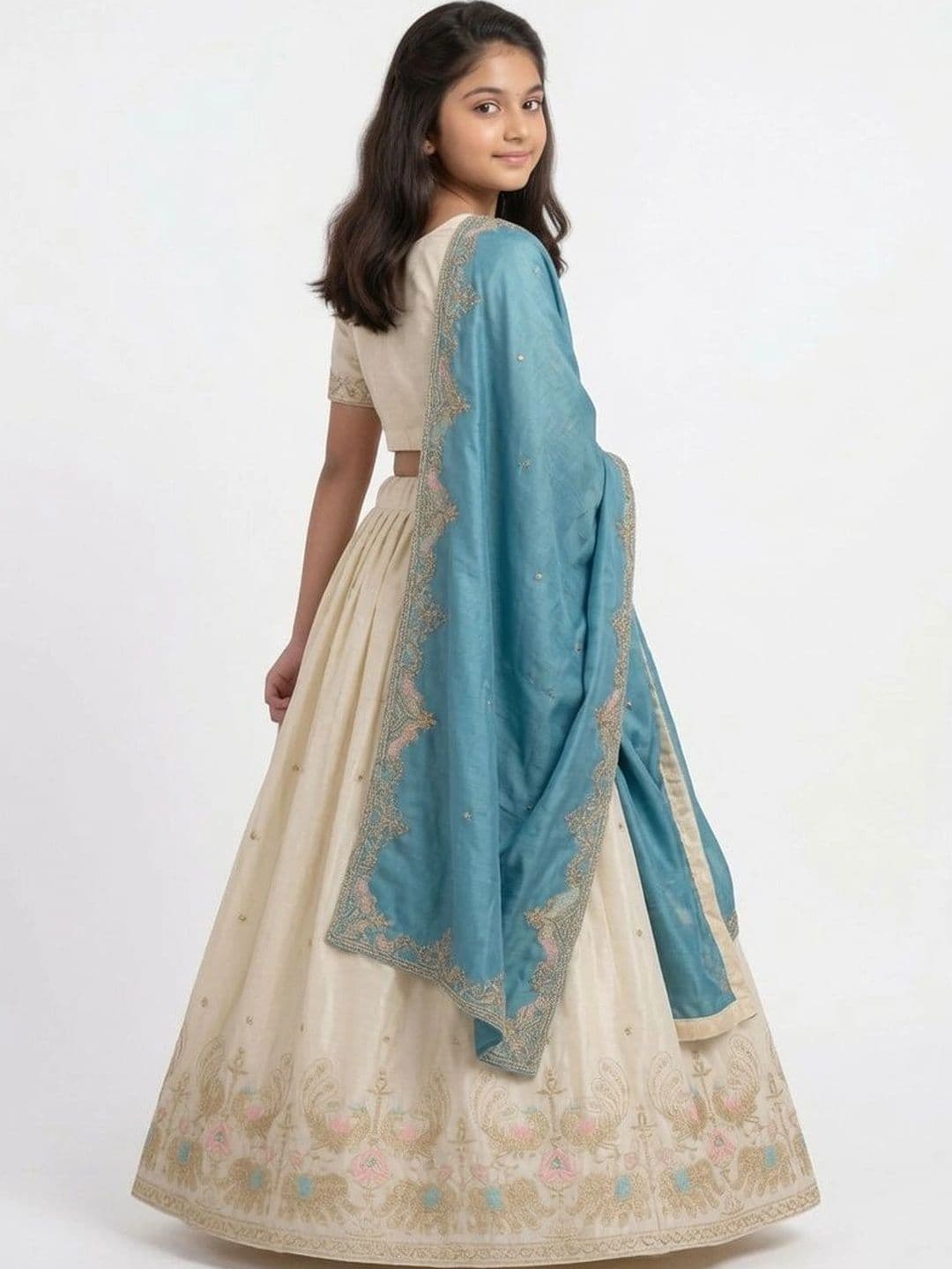 Closin Girls Embroidered Thread Work Ready to Wear Lehenga & Unstitched Blouse With Dupatta thumbnail 4