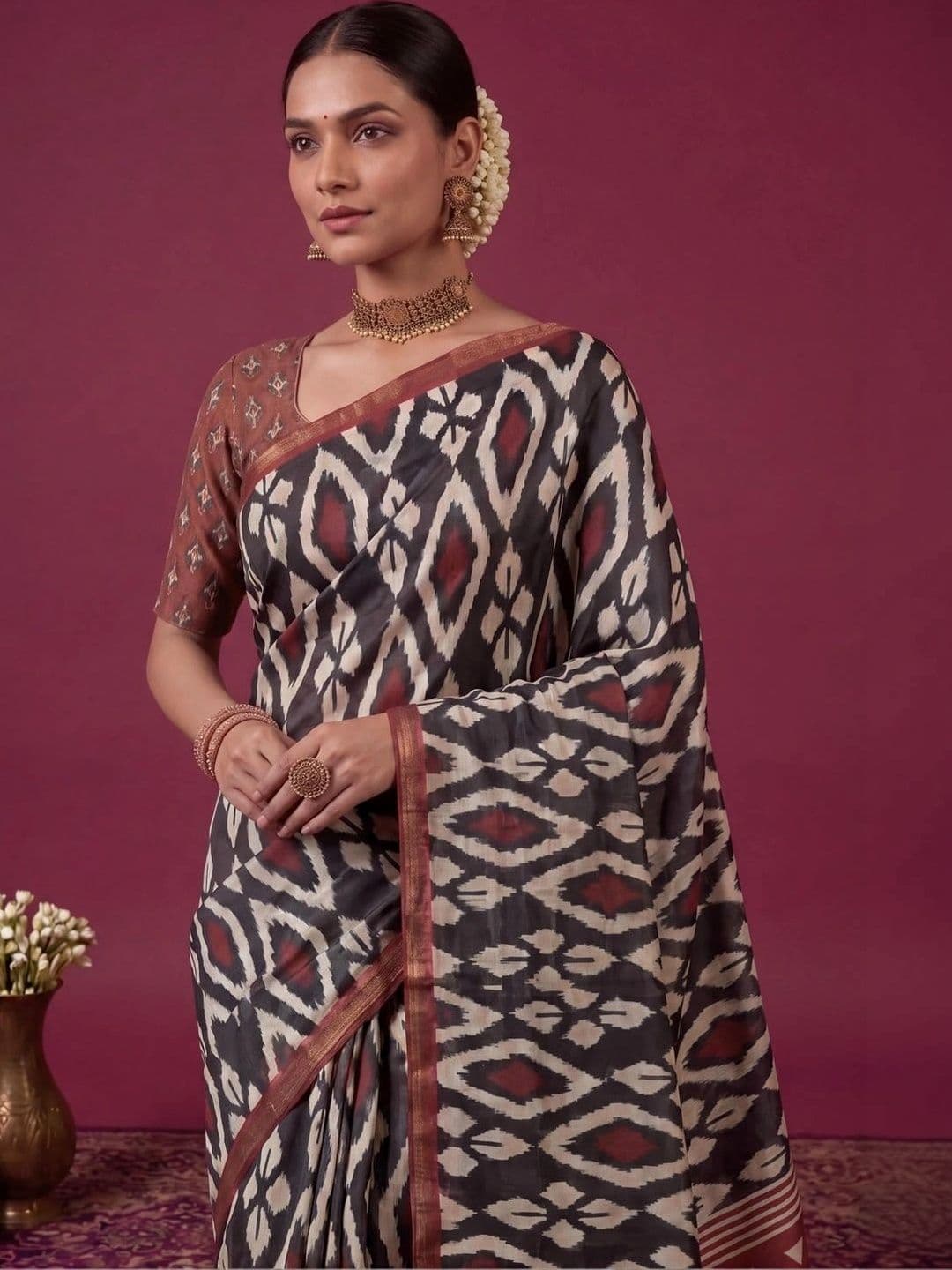 SAMANTHA Dabu Zari Silk Blend Ikat Saree thumbnail 2