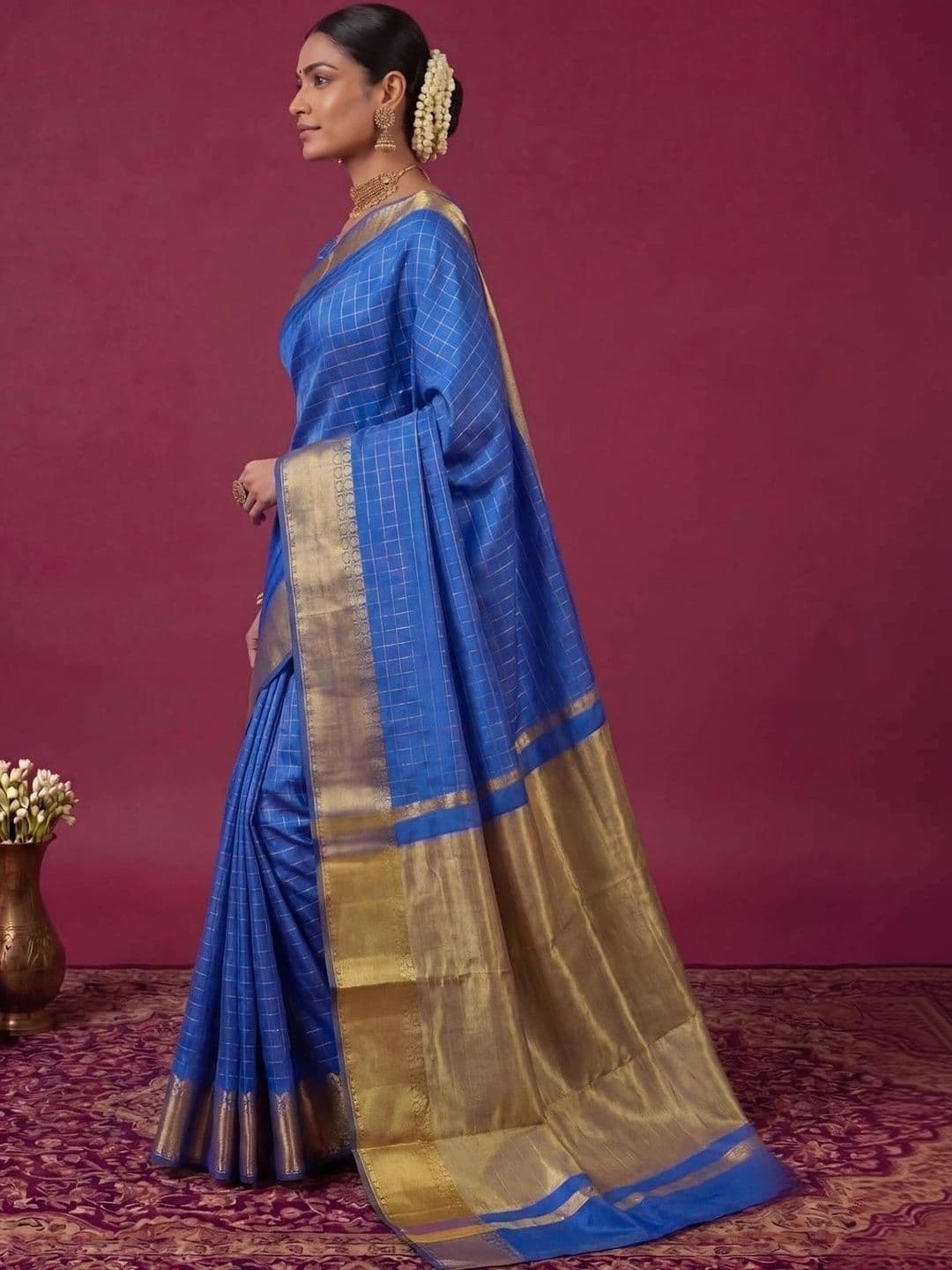 SAMANTHA Checked Zari Silk Blend Bomkai silk Saree thumbnail 2