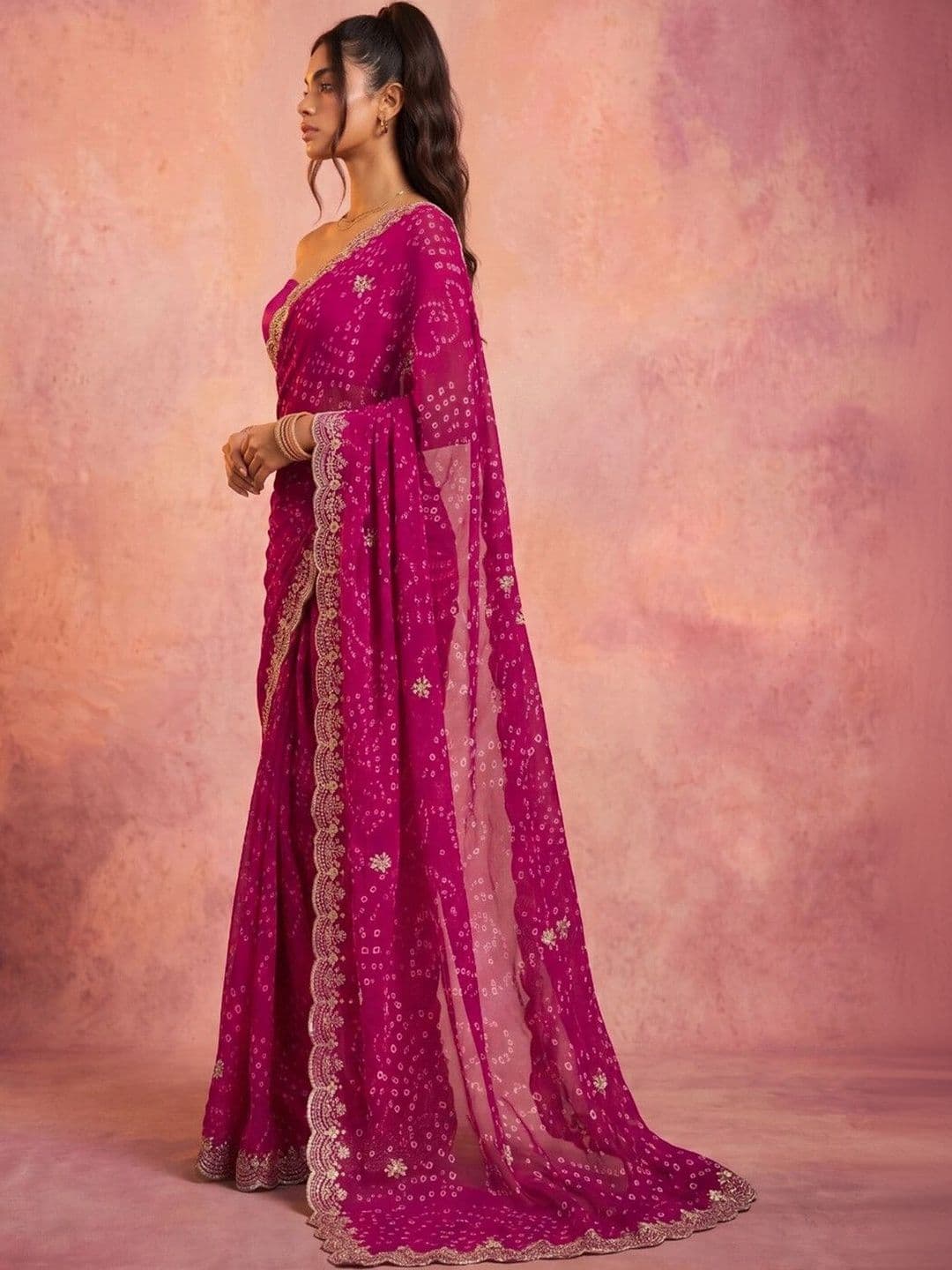DRIP CHOWK Bandhani Embroidered Pure Georgette Fusion Bandhani Saree thumbnail 6