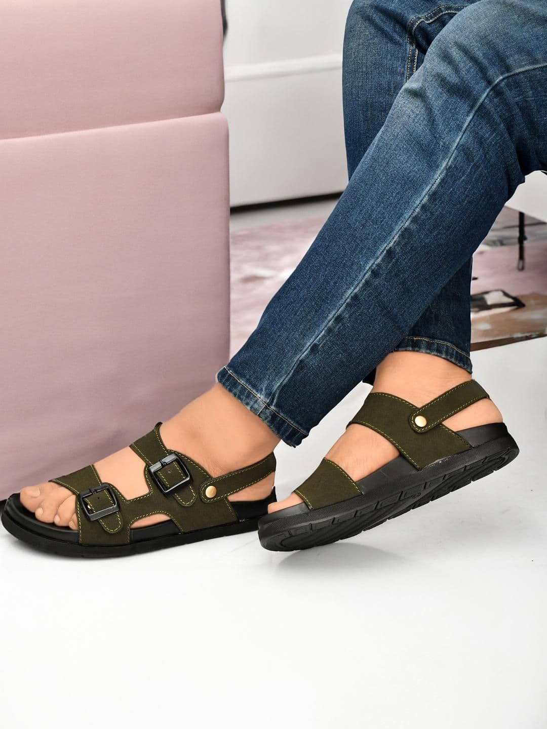 G L Trend Olive Leather Sandals thumbnail 7
