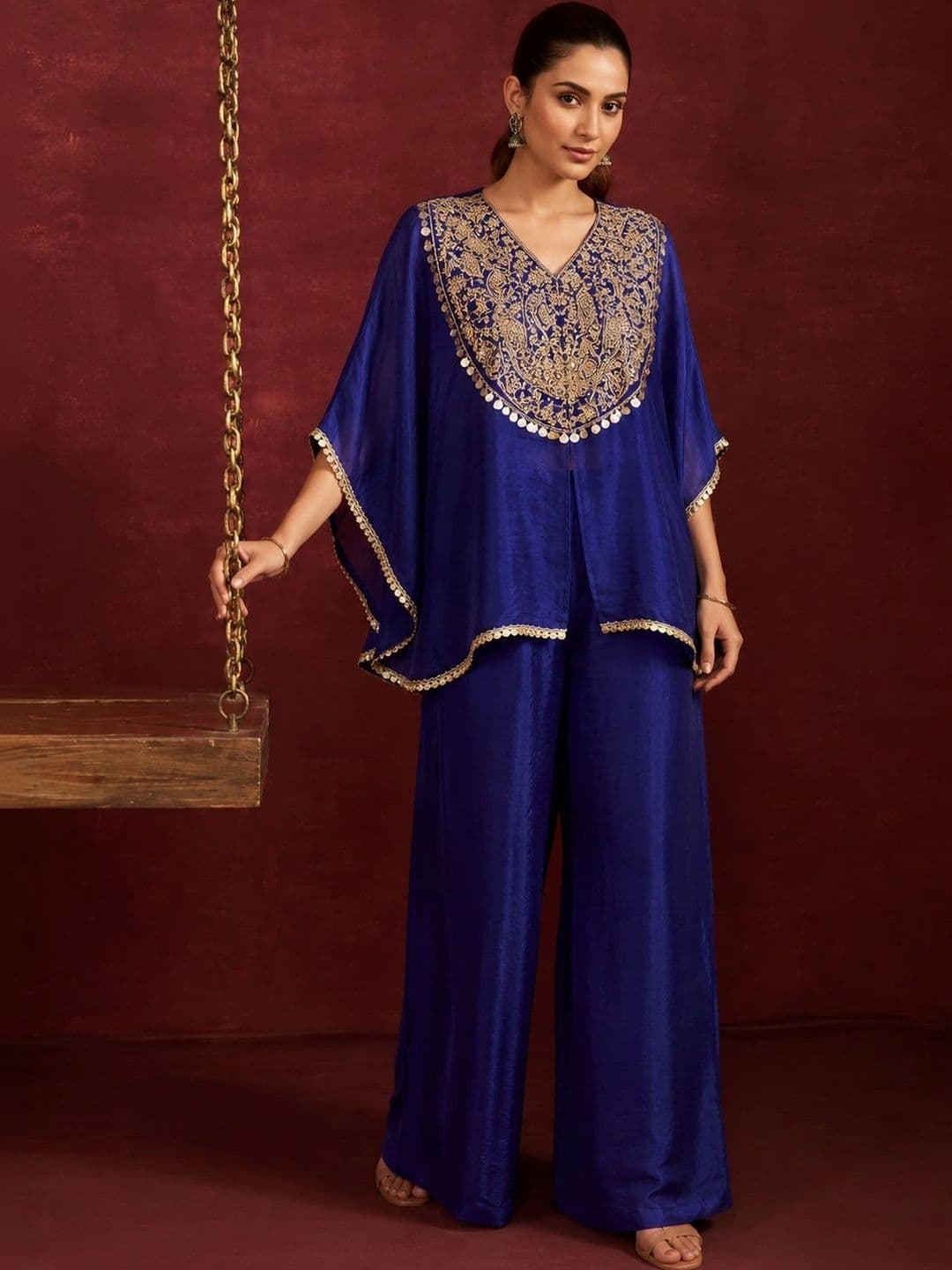Colors  of Earth Colors of Earth Women Ethnic Motifs Embroidered Regular Mirror Work Pure Silk Kurta with Palazzos thumbnail 2