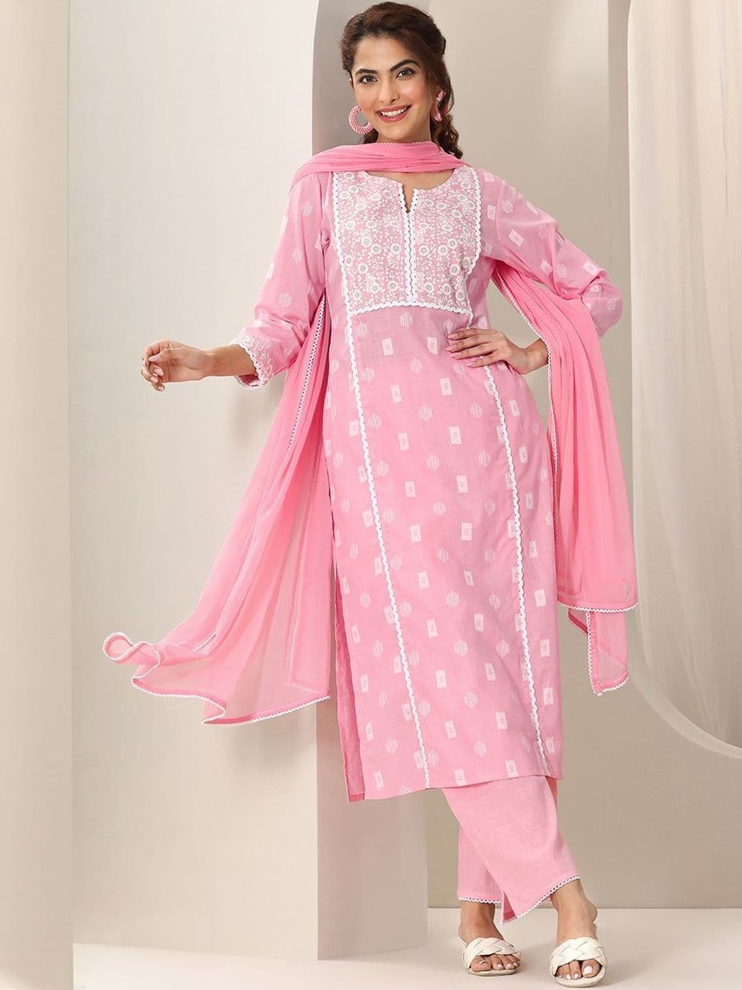 Libas Floral Embroidered Straight Thread Work Kurta With Trousers & Dupatta - view 1