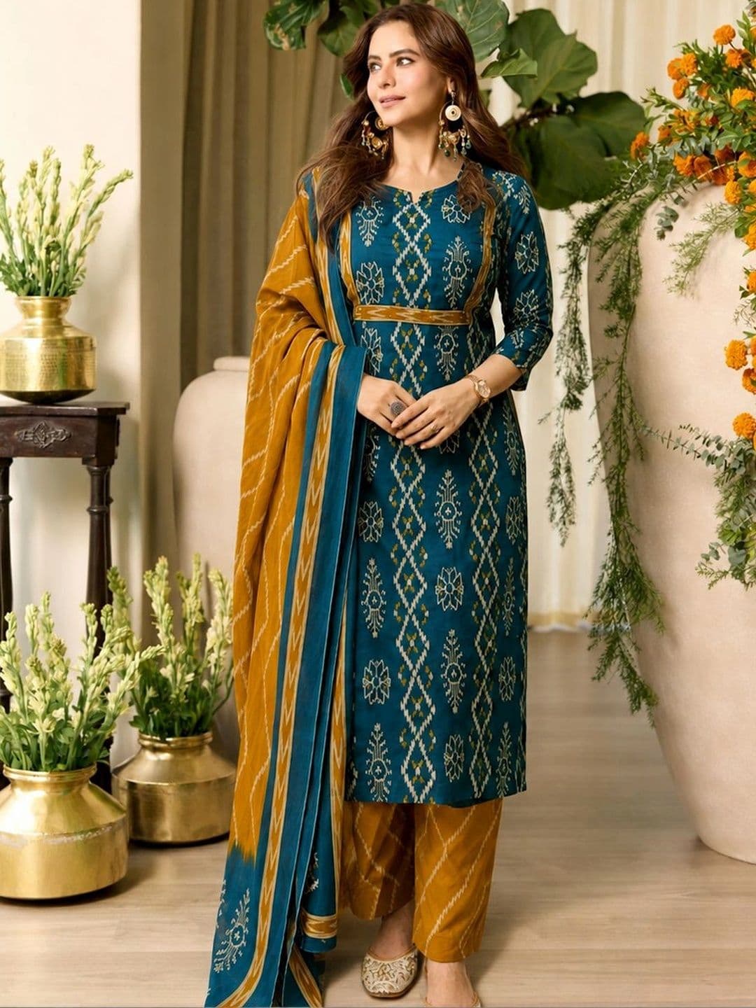 GoSriKi Women Ethnic Motifs Printed Regular Kurta with Palazzos & With Dupatta thumbnail 3