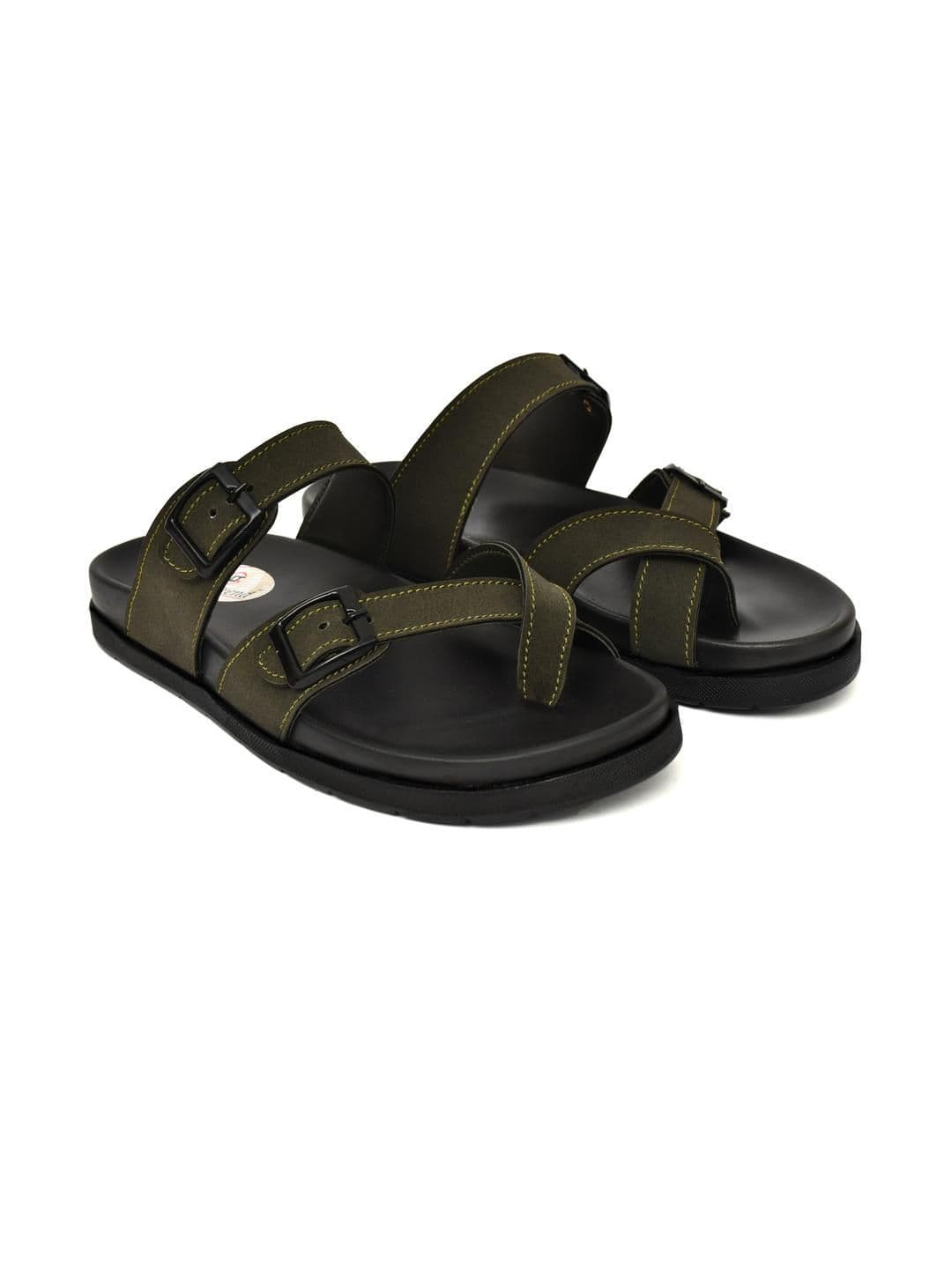 G L Trend Men Olive Leather Casual Comfort Orthopedic Slip-On Sandals thumbnail 6