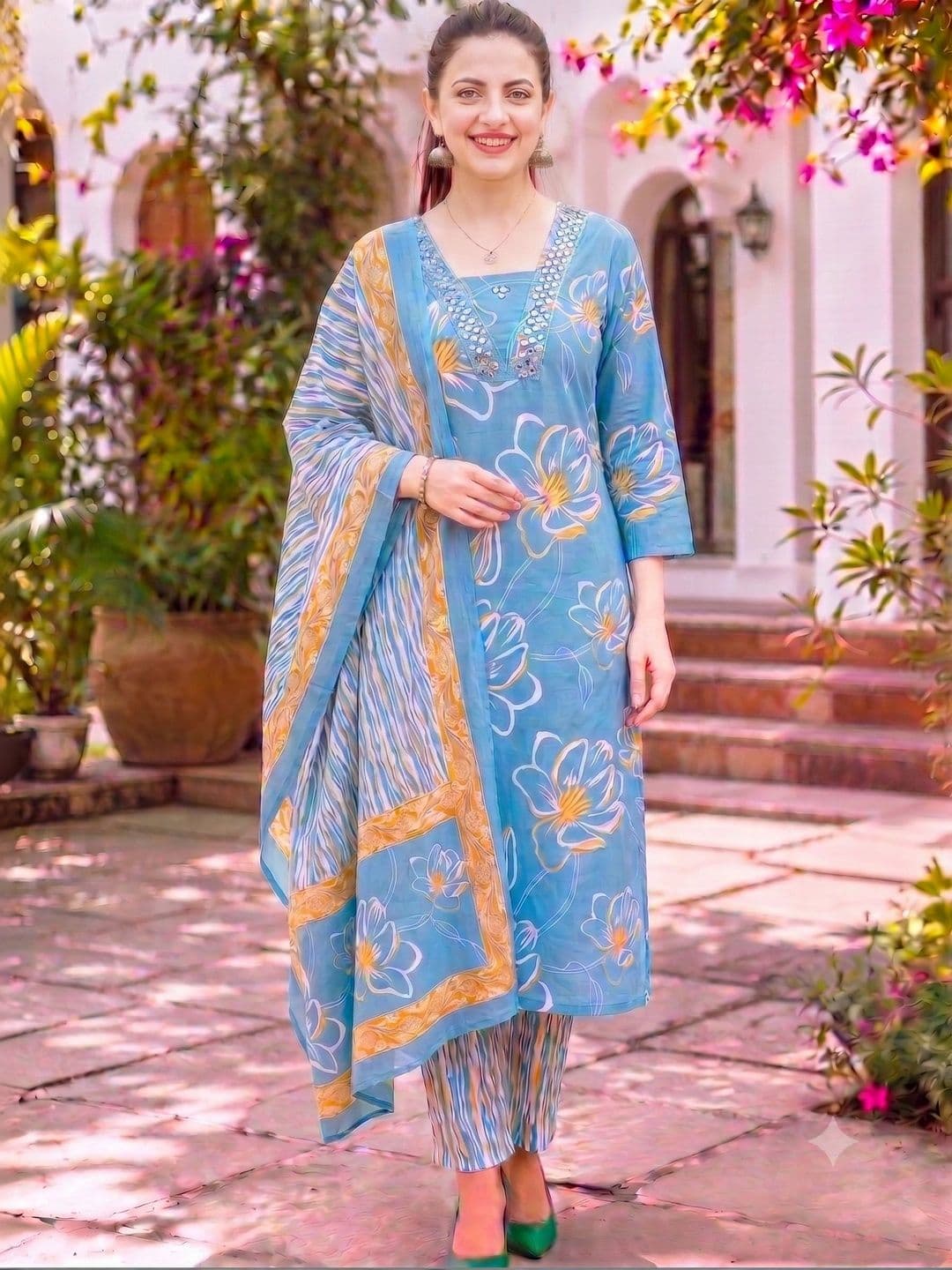 Chaukas Women Floral Printed Regular Mirror Work Pure Cotton Kurta with Trousers & With Dupatta - view 1