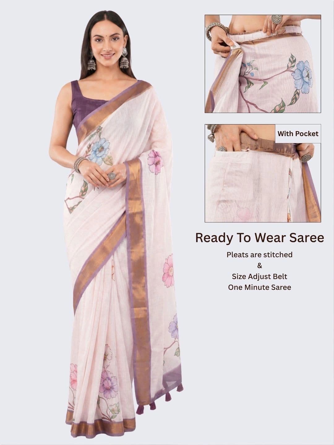SAMANTHA Floral Zari Linen Blend Belted Saree thumbnail 5