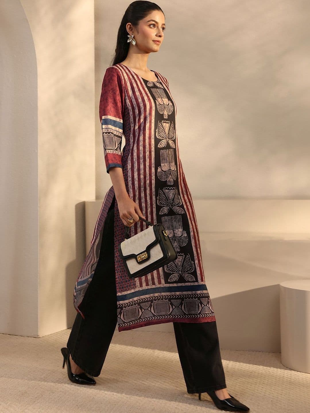 Libas Women Maroon Striped Printed Straight Kurta thumbnail 3