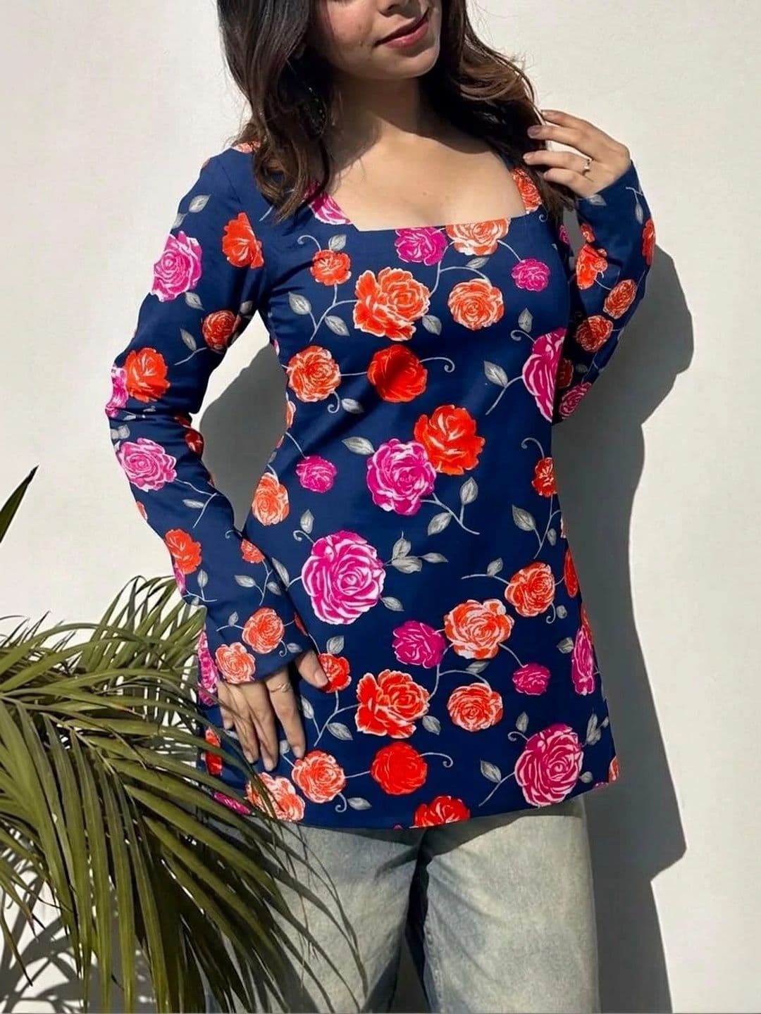 Sangria Floral Printed Square Neck Kurti - view 1
