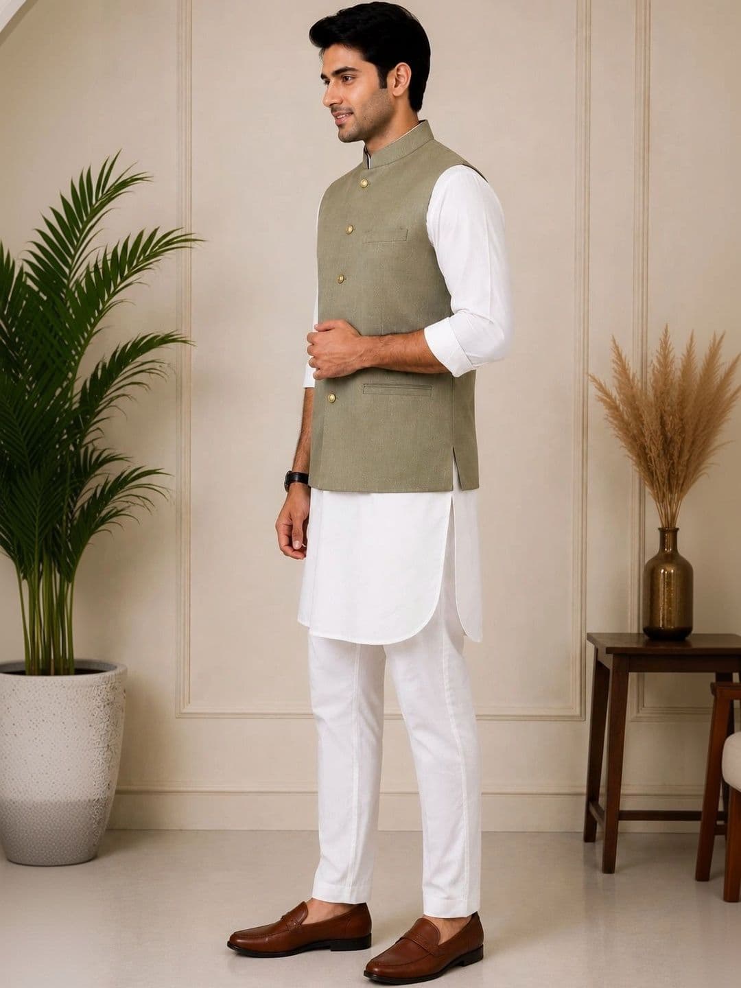 Shiv Leela Woven Mandarian Collar Neck Nehru Jacket thumbnail 3