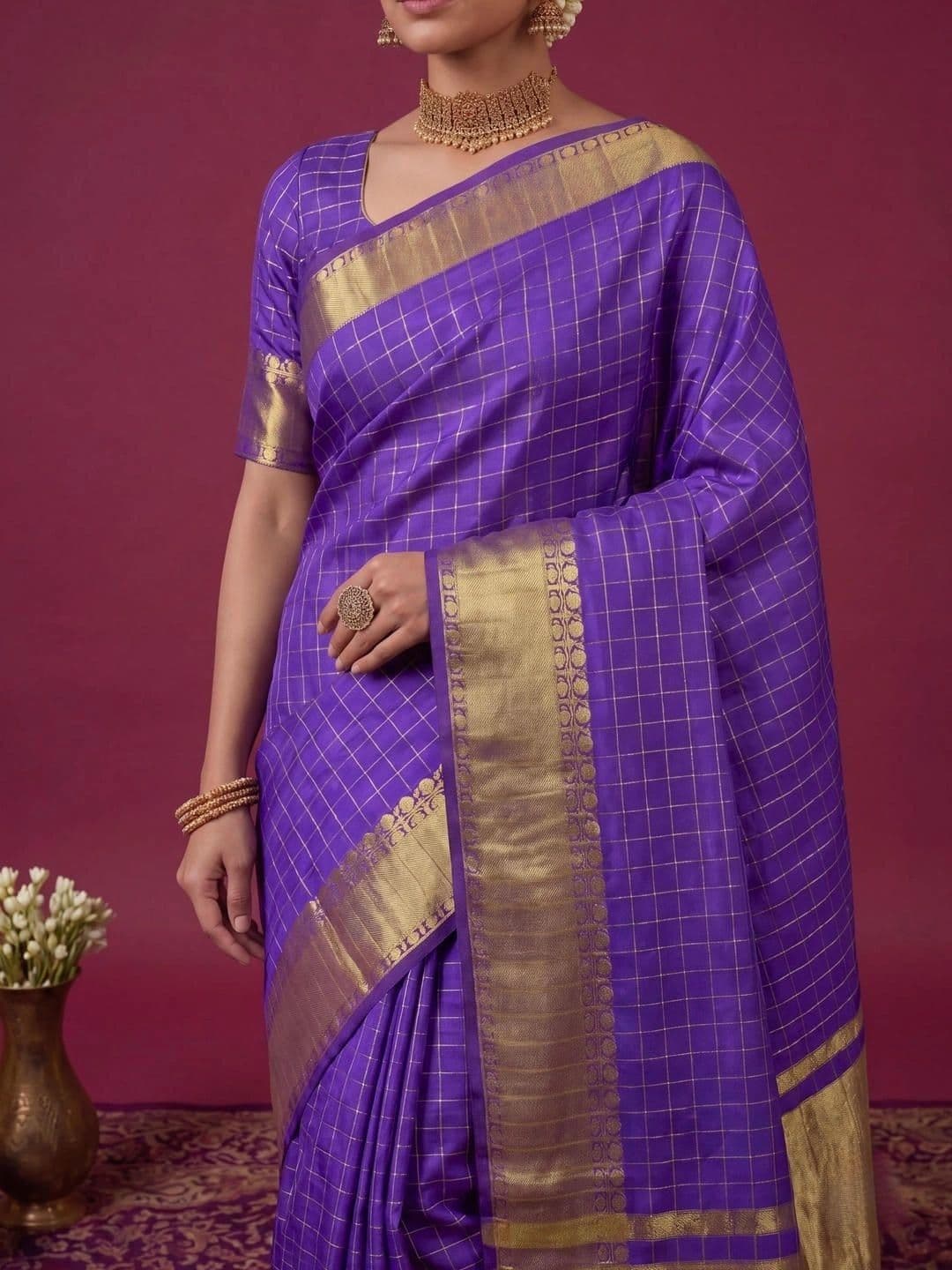 SAMANTHA Checked Zari Silk Blend Bomkai silk Saree thumbnail 7