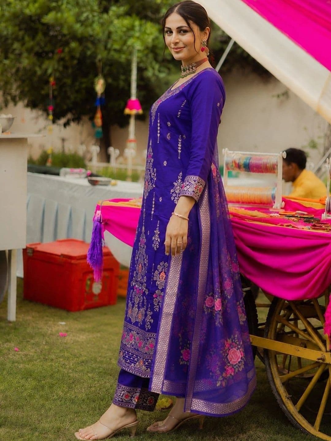 Veera Collection Women Ethnic Motifs Embroidered Regular Kurta with Trousers & With Dupatta thumbnail 3