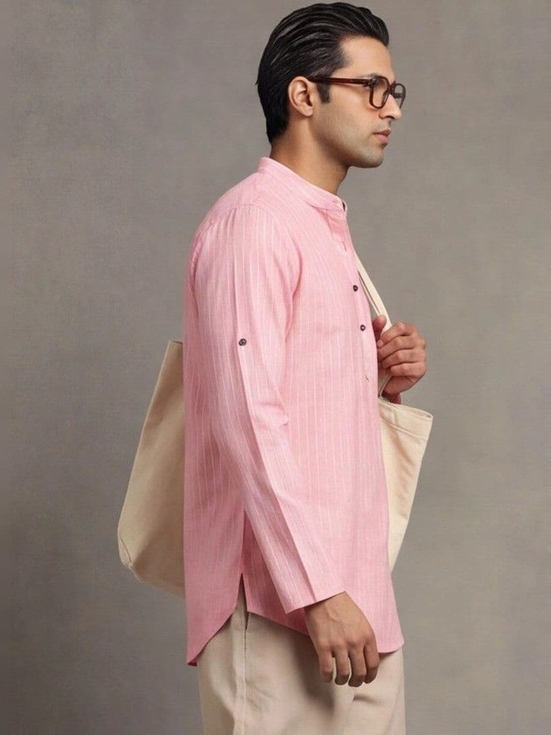 Navibhu Woven Design Solid Cotton Handloom Mandarin Collar Short Kurta thumbnail 6