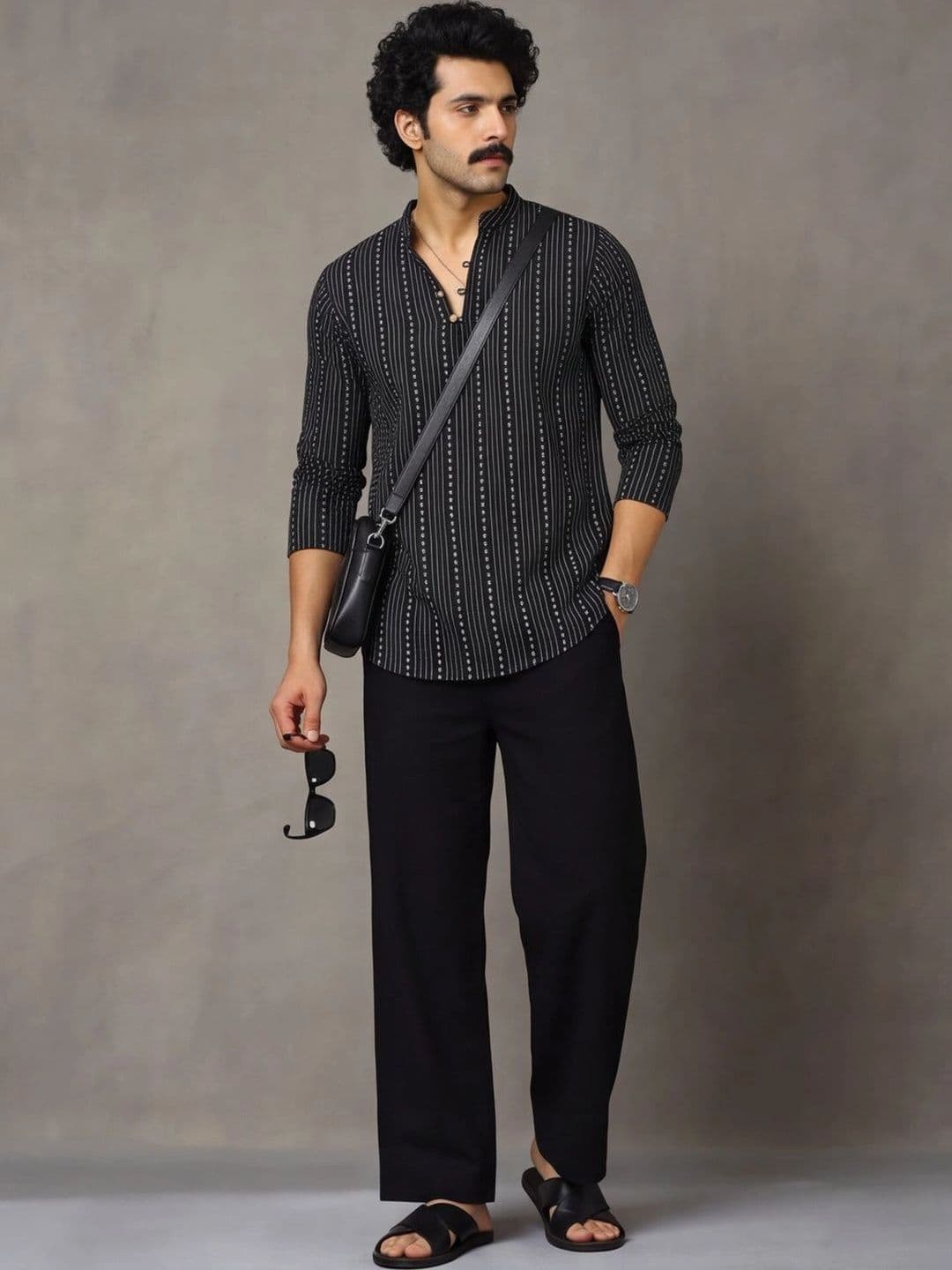 Navibhu Woven Design Striped Cotton Handloom Mandarin Collar Short Kurta - view 1