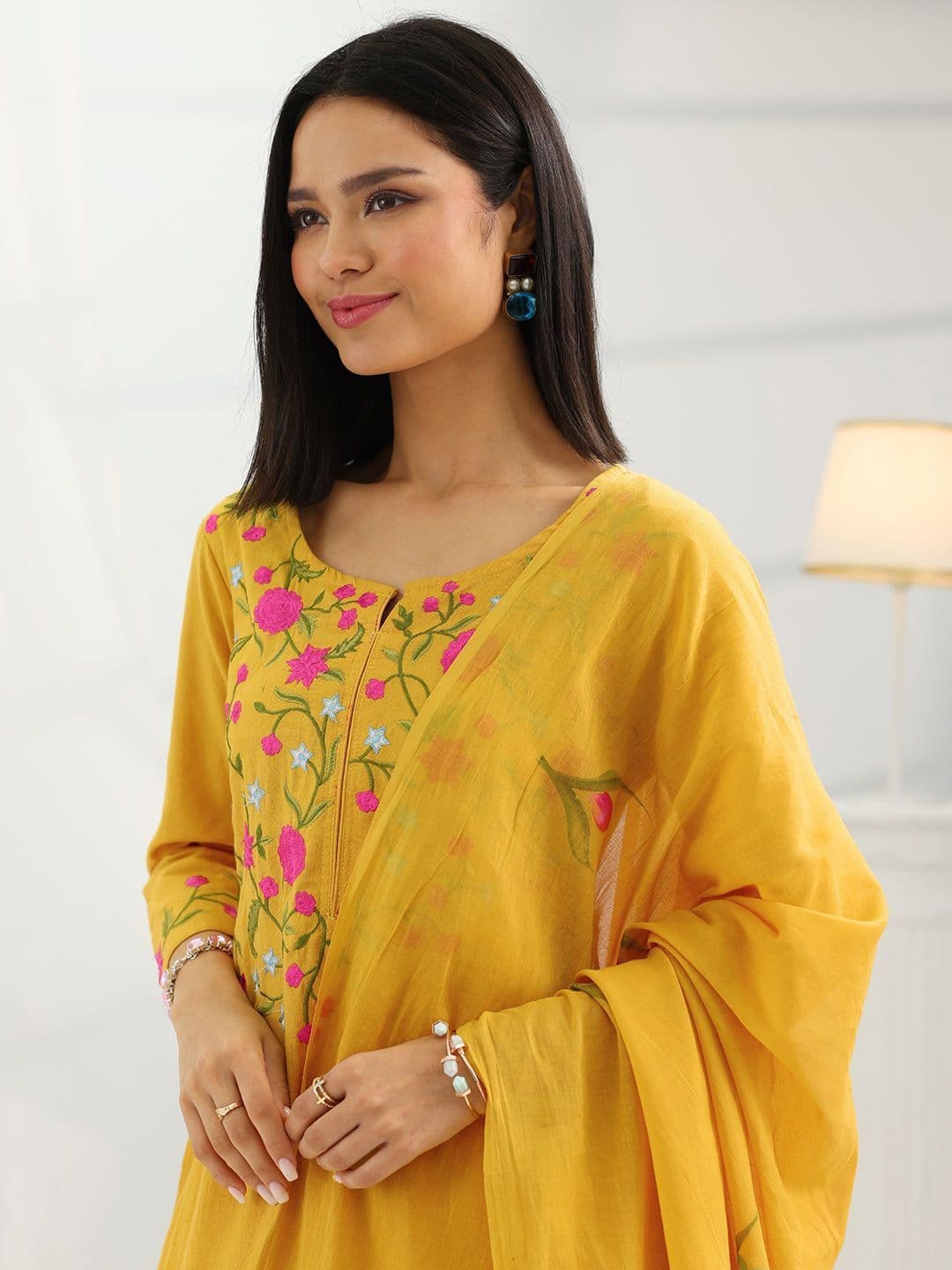 Libas Women Solid Embroidered Kurta with Trousers & Dupatta thumbnail 7