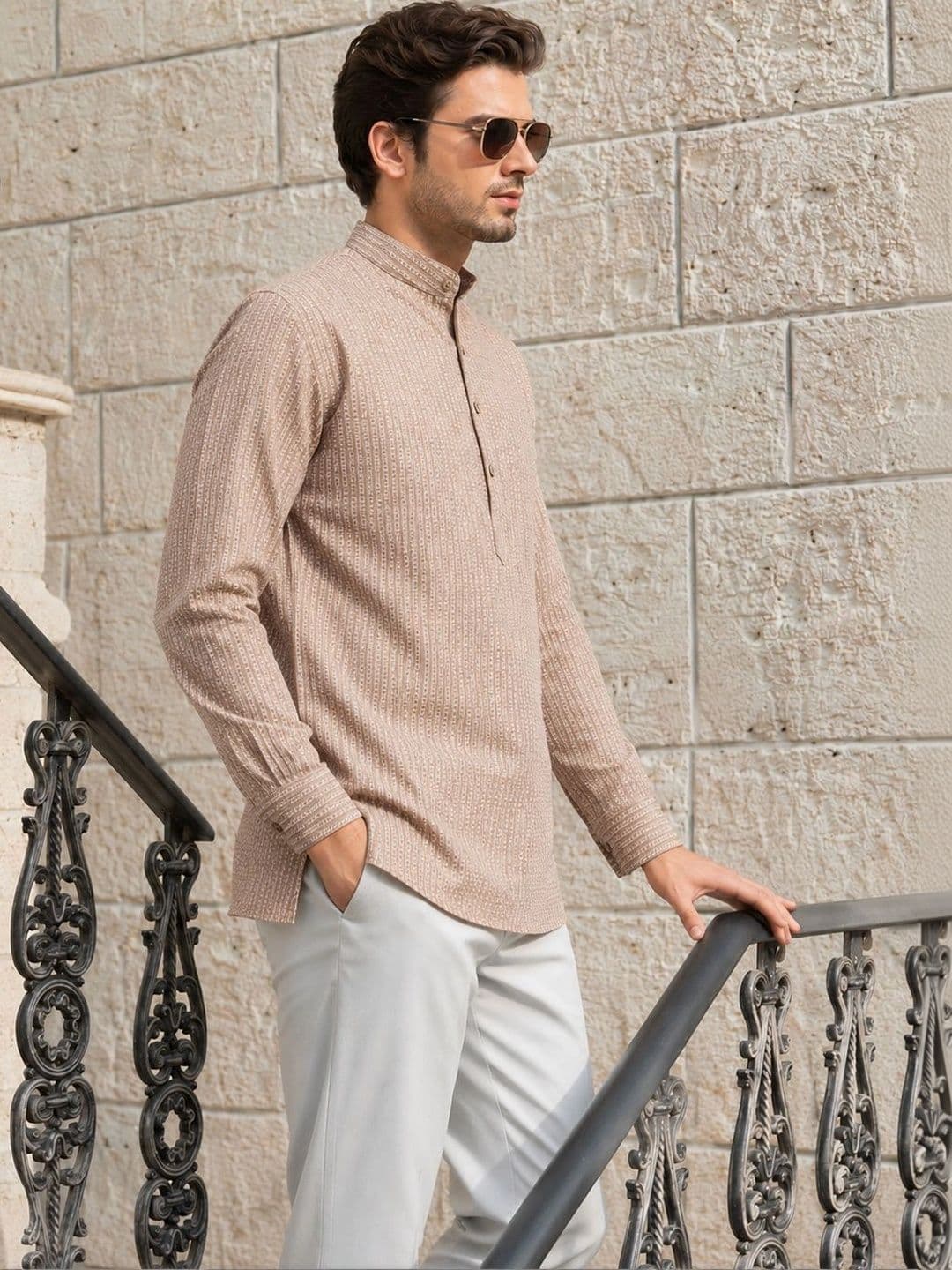 Anouk Mens Cotton Self Weave Short Kurta thumbnail 4