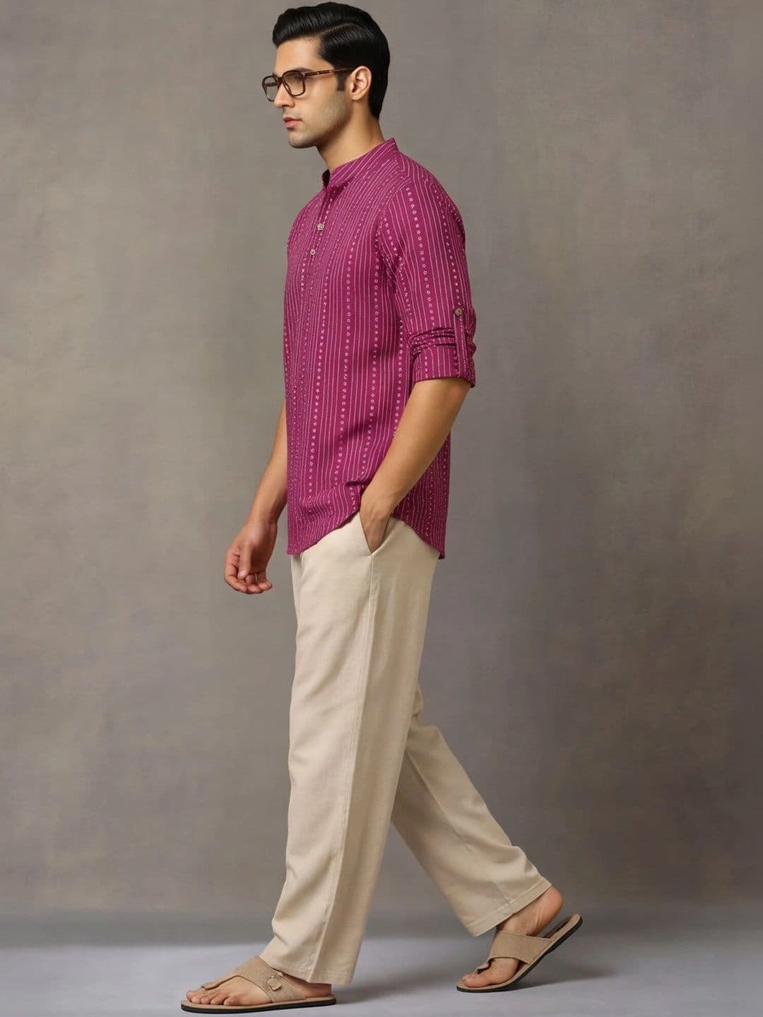 Navibhu Woven Design Striped Cotton Handloom Mandarin Collar Short Kurta thumbnail 5