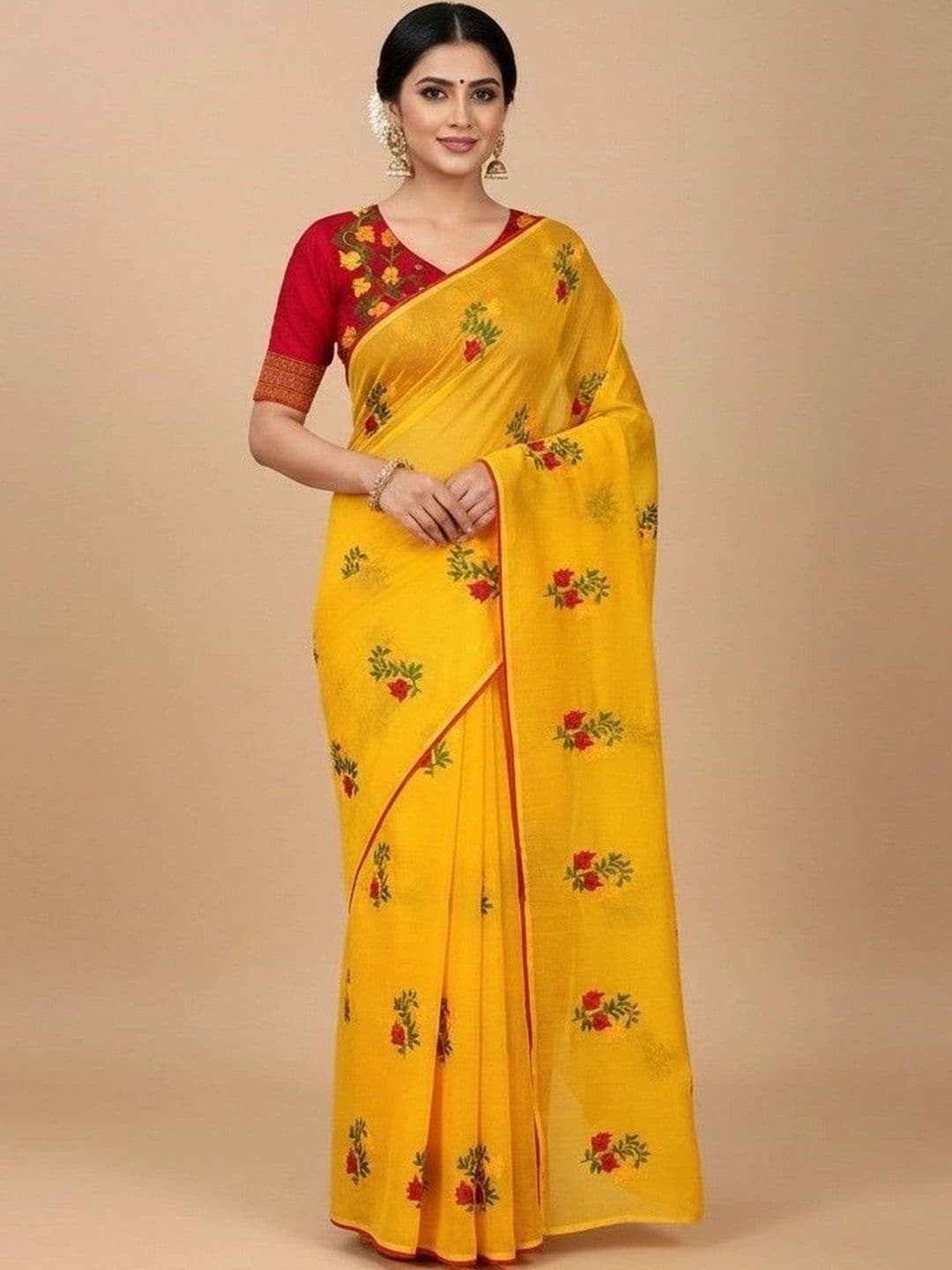 RENBRIZA Floral Art Silk Saree - view 1