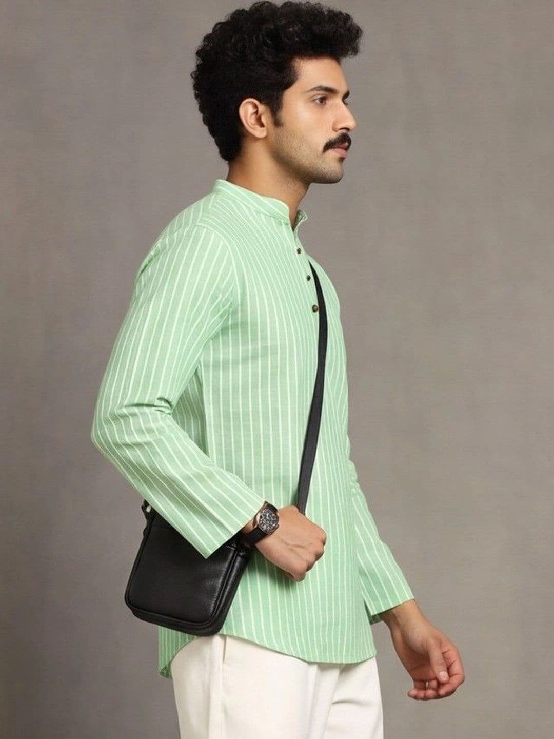 Navibhu Woven Design Striped Cotton Handloom Mandarin Collar Short Kurta thumbnail 5