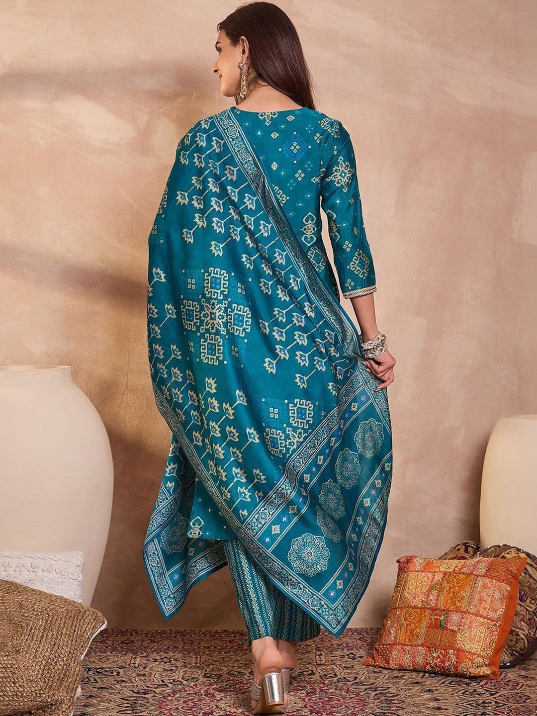 KALINI Women Ethnic Motifs Printed Regular Thread Work Kurta with Trousers & With Dupatta thumbnail 5