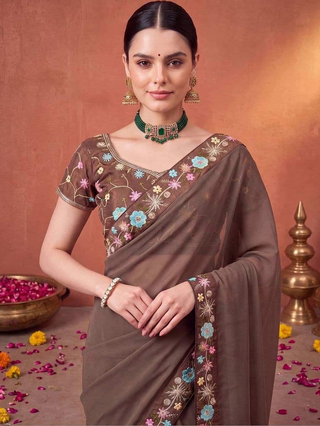 Anouk Floral Embroidered Poly Georgette Designer Saree thumbnail 5
