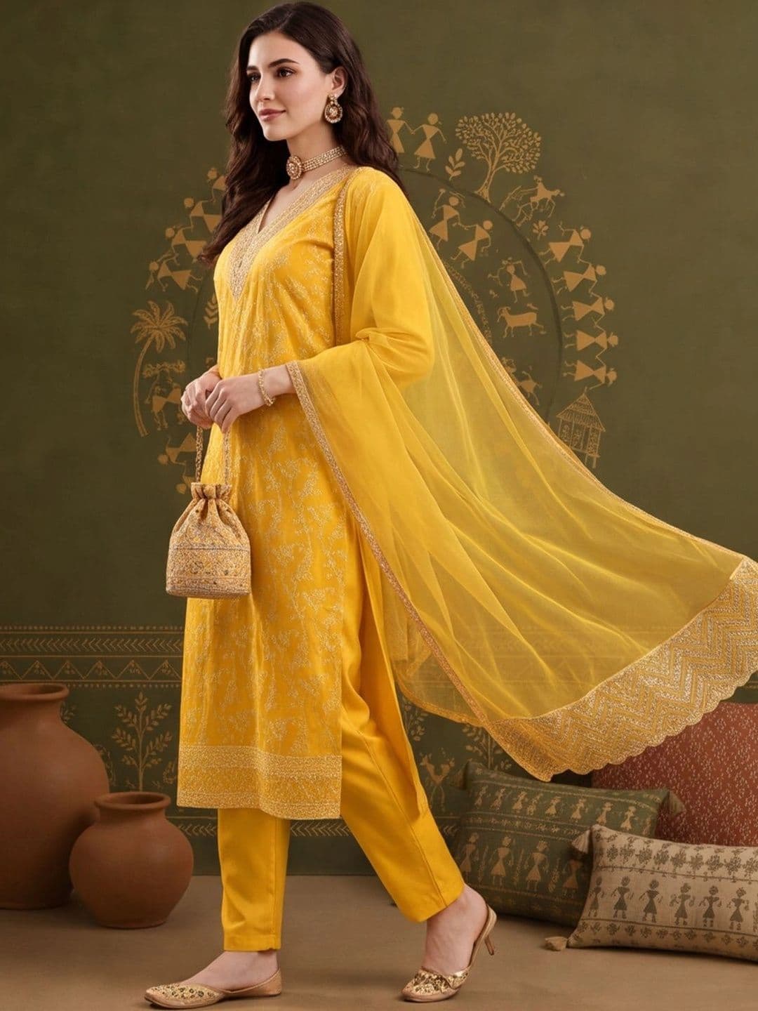 Anouk Women Ethnic Motifs Embroidered Regular Kurta with Trousers & With Dupatta thumbnail 6