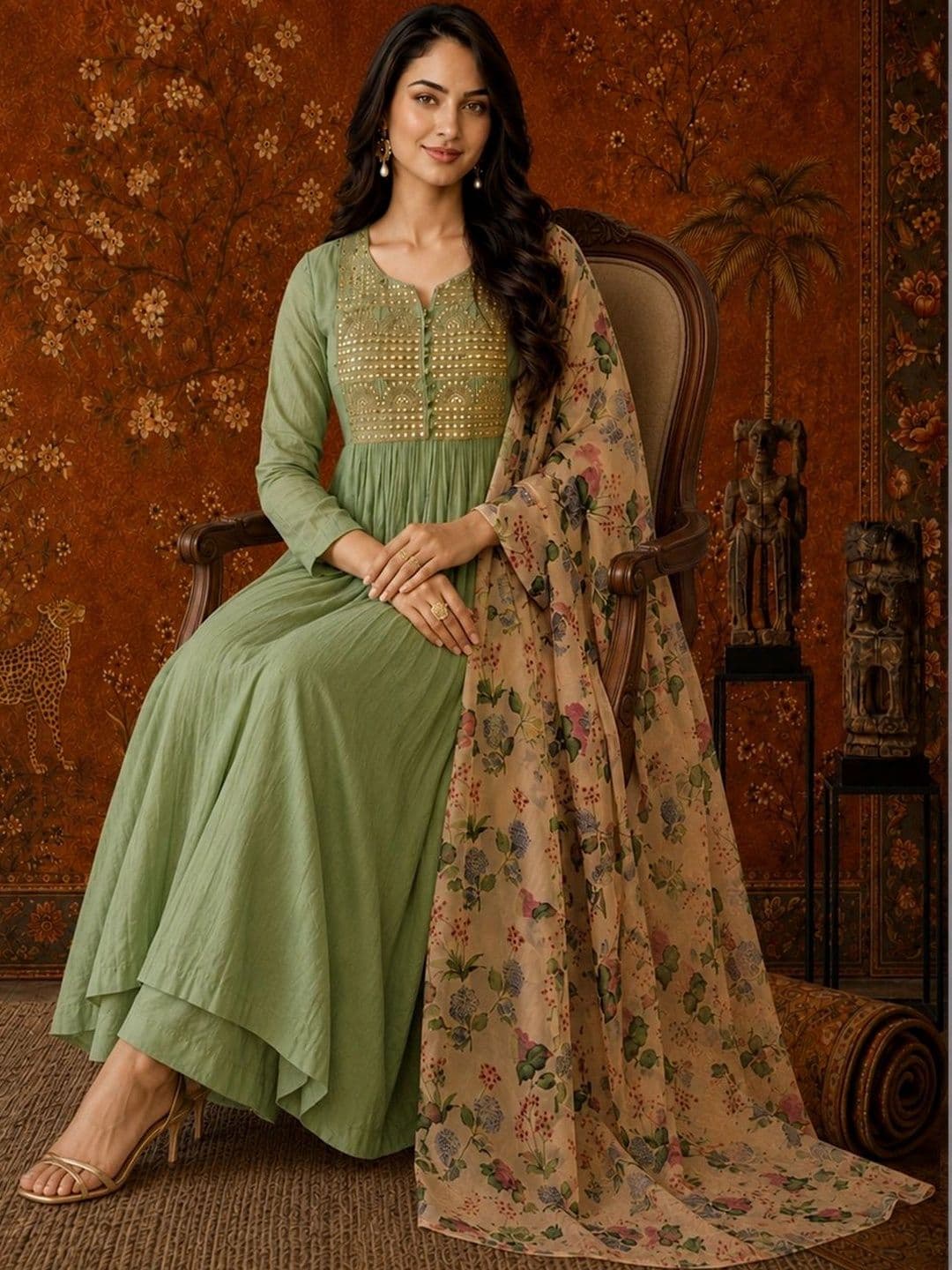Sangria Women Floral Embroidered Empire Mirror Work Kurta with Palazzos & With Dupatta thumbnail 5