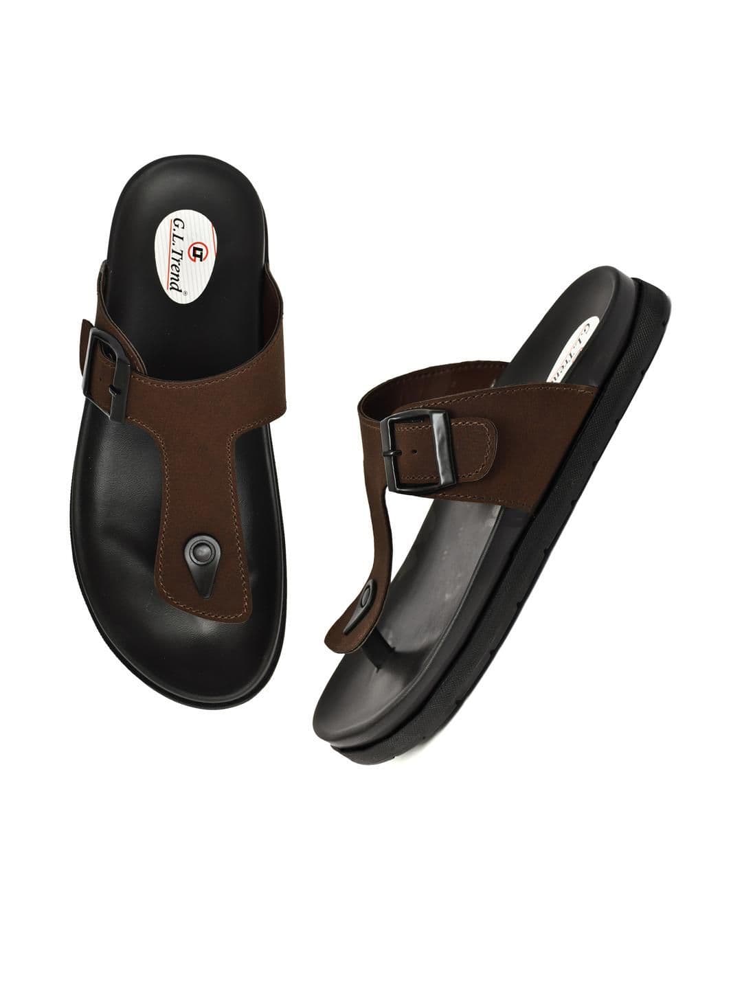 G L Trend Men Water-Resistant Brown Leather Slip-On T-Strap Sandals thumbnail 2