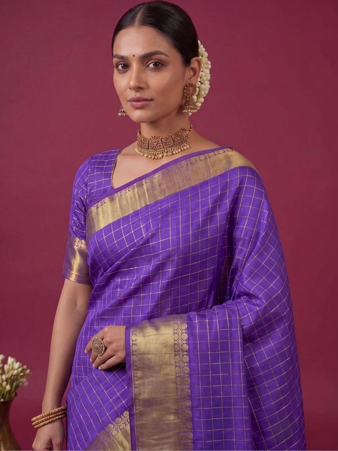 SAMANTHA Checked Zari Silk Blend Bomkai silk Saree thumbnail 3