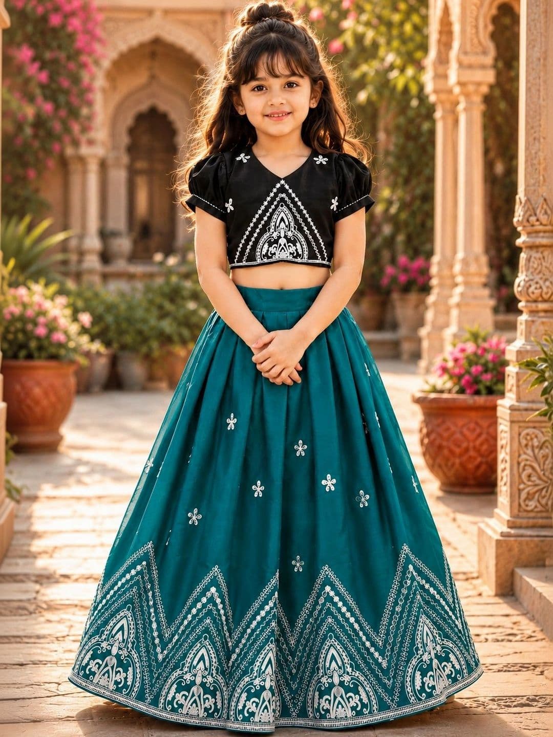 Sangria Girls Embellished Thread Work Ready to Wear Lehenga & - view 1