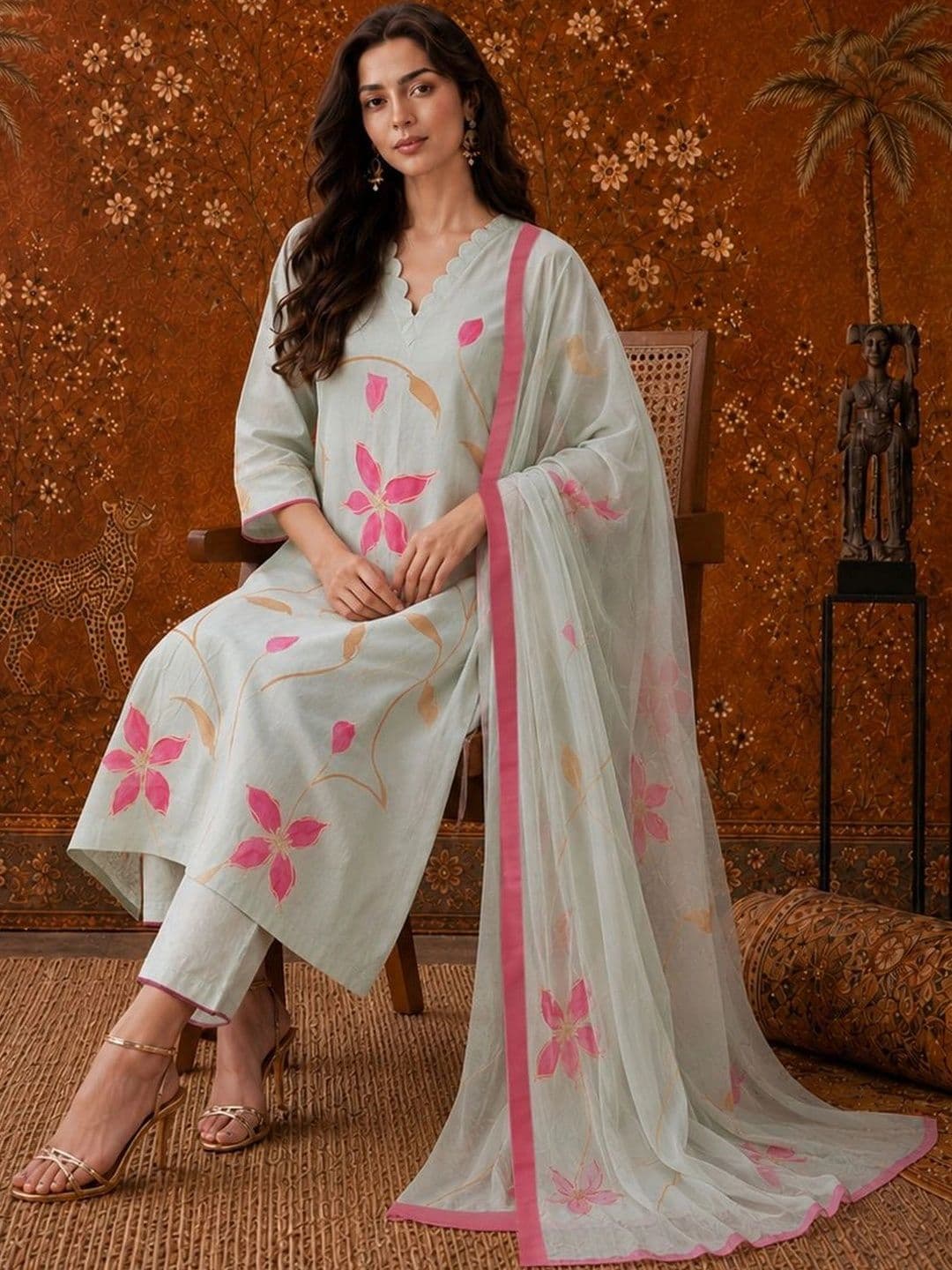 Sangria Women Floral Printed Regular Kurta with Trousers & With Dupatta thumbnail 2