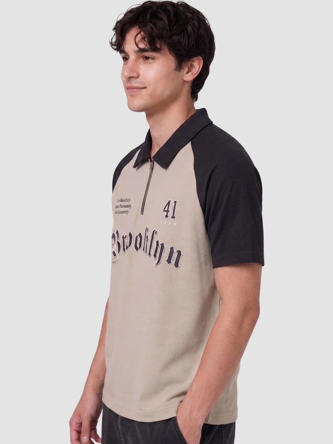HERE&NOW Men Typography Colourblocked Polo Collar T-shirt thumbnail 3