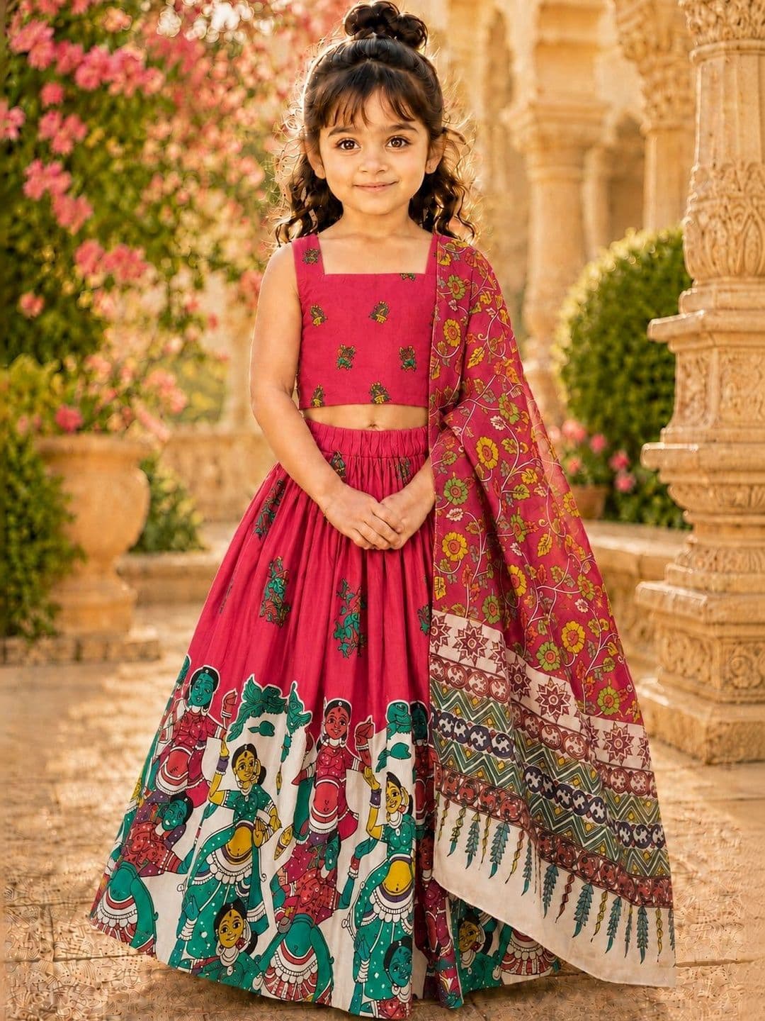 Sangria Girls Printed Kalamkari Ready to Wear Lehenga & Blouse With Dupatta - view 1