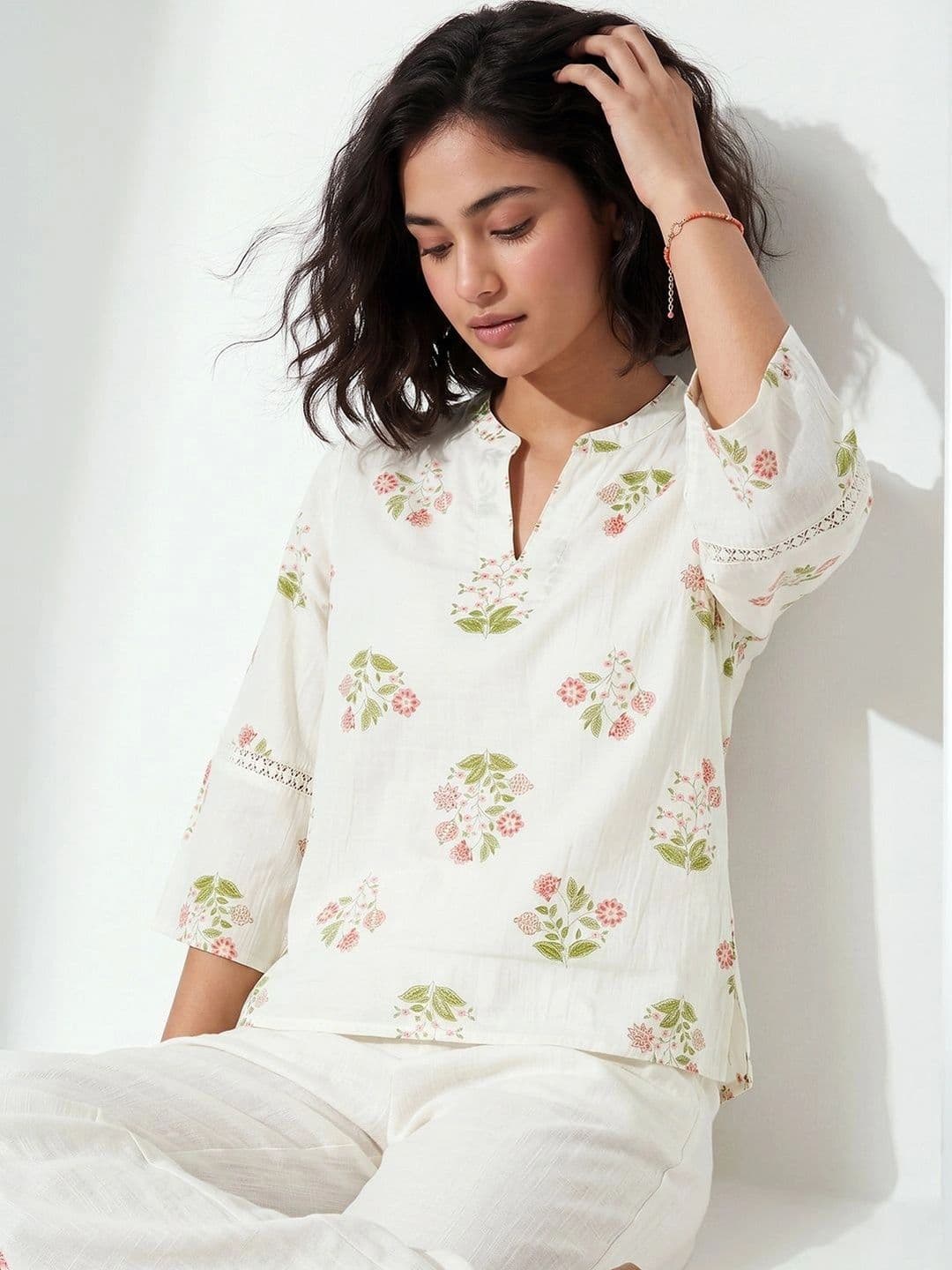 Colour Me by Melange Floral Print Flared Sleeve Cotton Blend Top thumbnail 3
