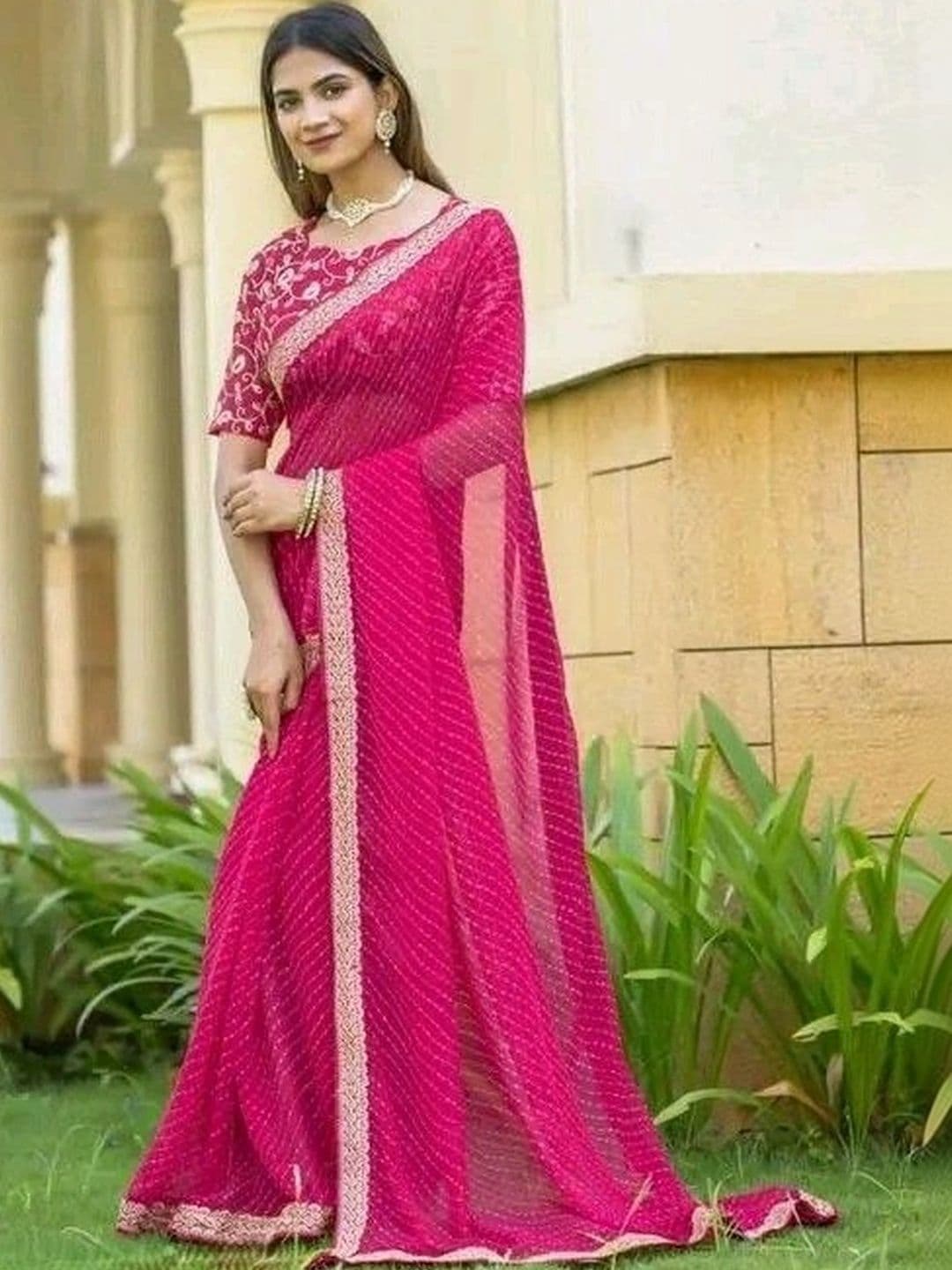 RENBRIZA Leheriya Embroidered Poly Georgette Saree - view 1