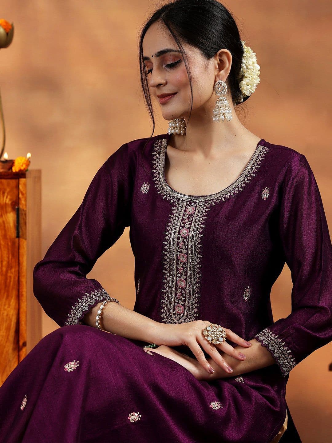 Libas Women Burgundy Embroidered Silk Straight Kurta thumbnail 2