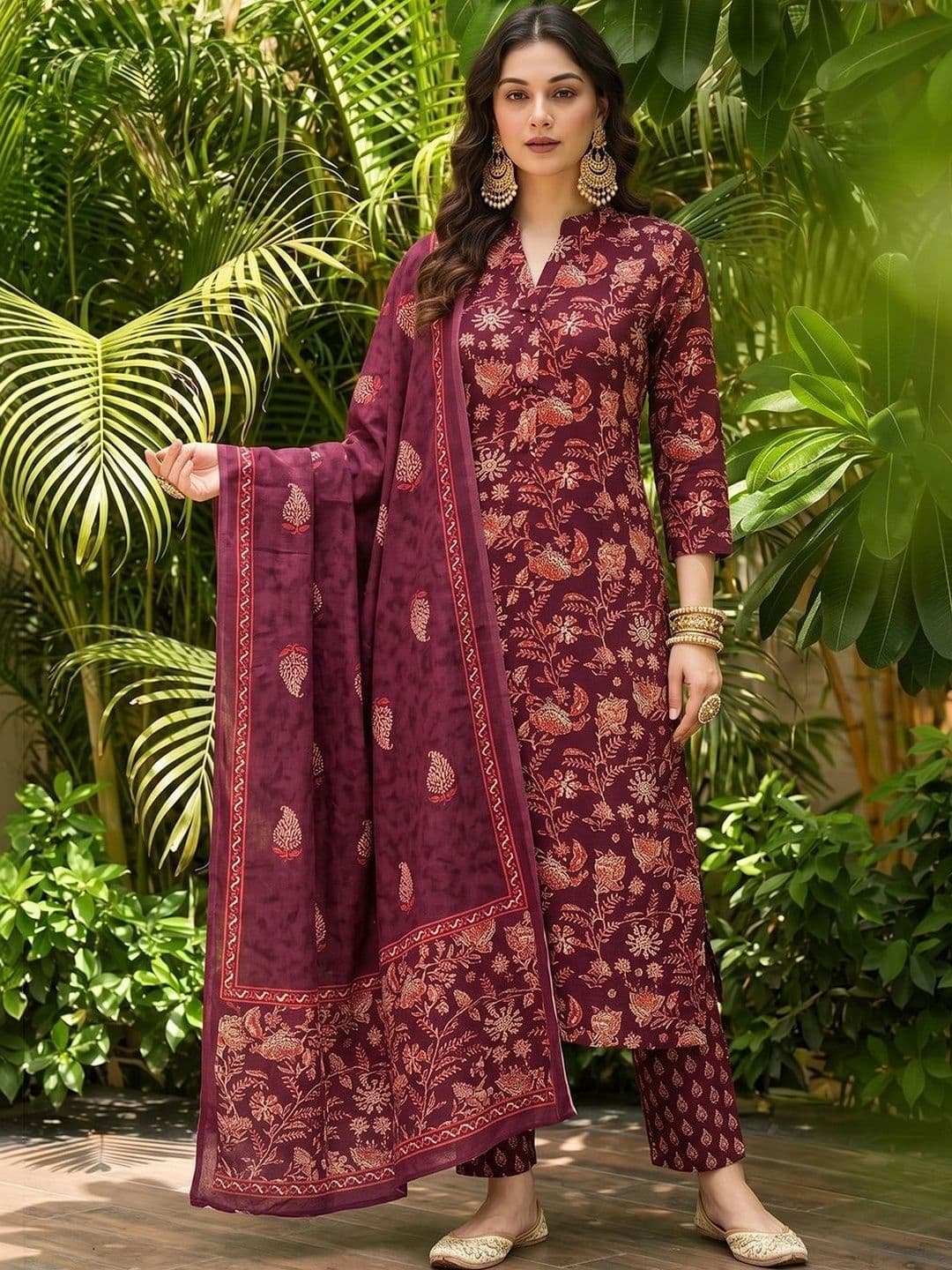 KALINI Floral Printed Mandarin Collar Straight Kurta With Trousers & Dupatta thumbnail 5