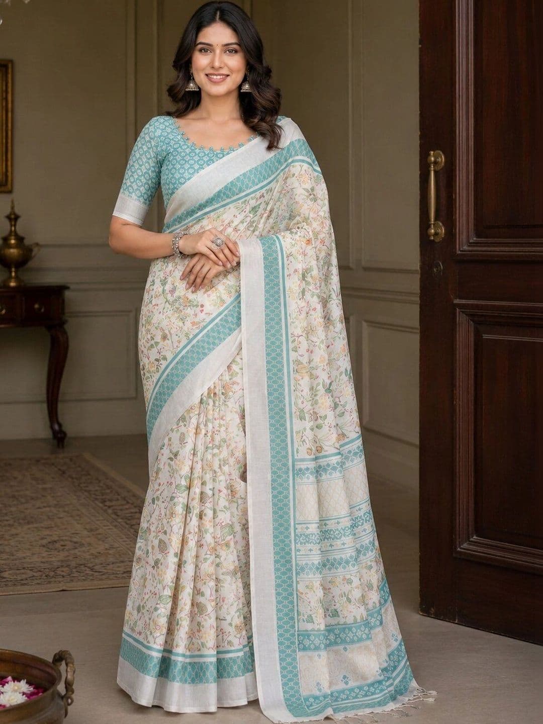 HERE&NOW Floral Linen Blend Bhagalpuri Saree - view 1