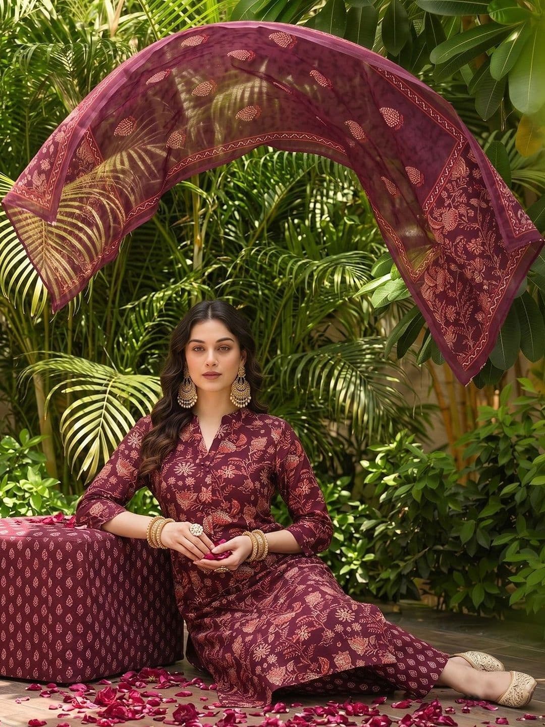 KALINI Floral Printed Mandarin Collar Straight Kurta With Trousers & Dupatta thumbnail 2