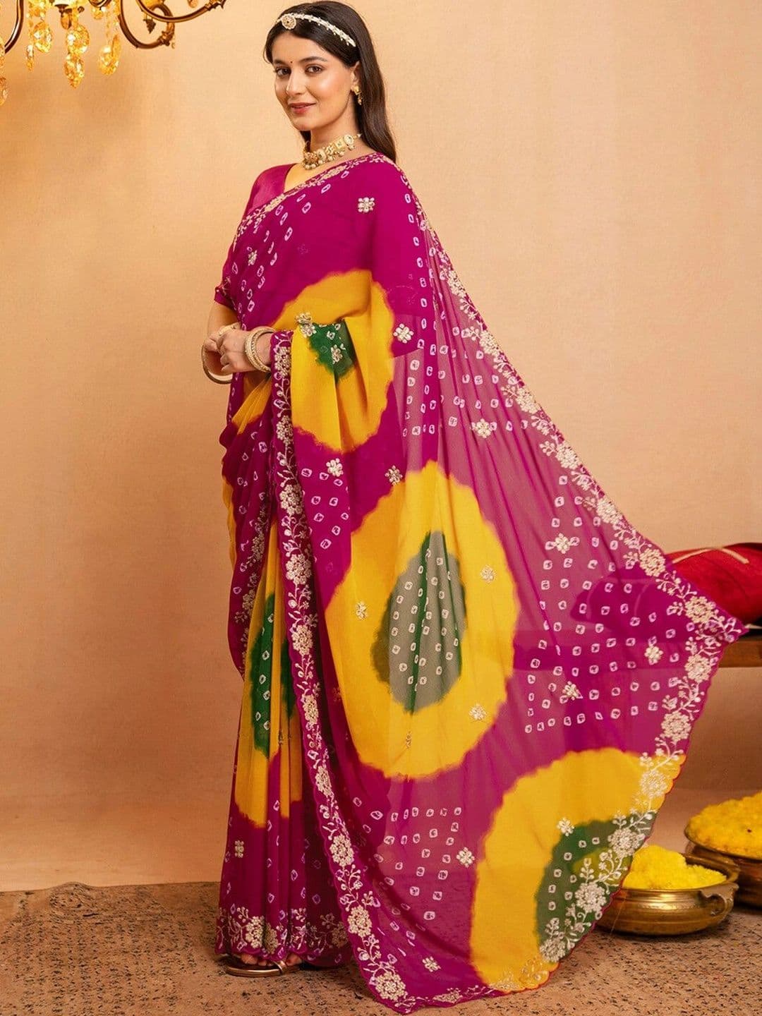 KALINI Bandhani Embroidered Pure Georgette Fusion Bandhani Saree thumbnail 7