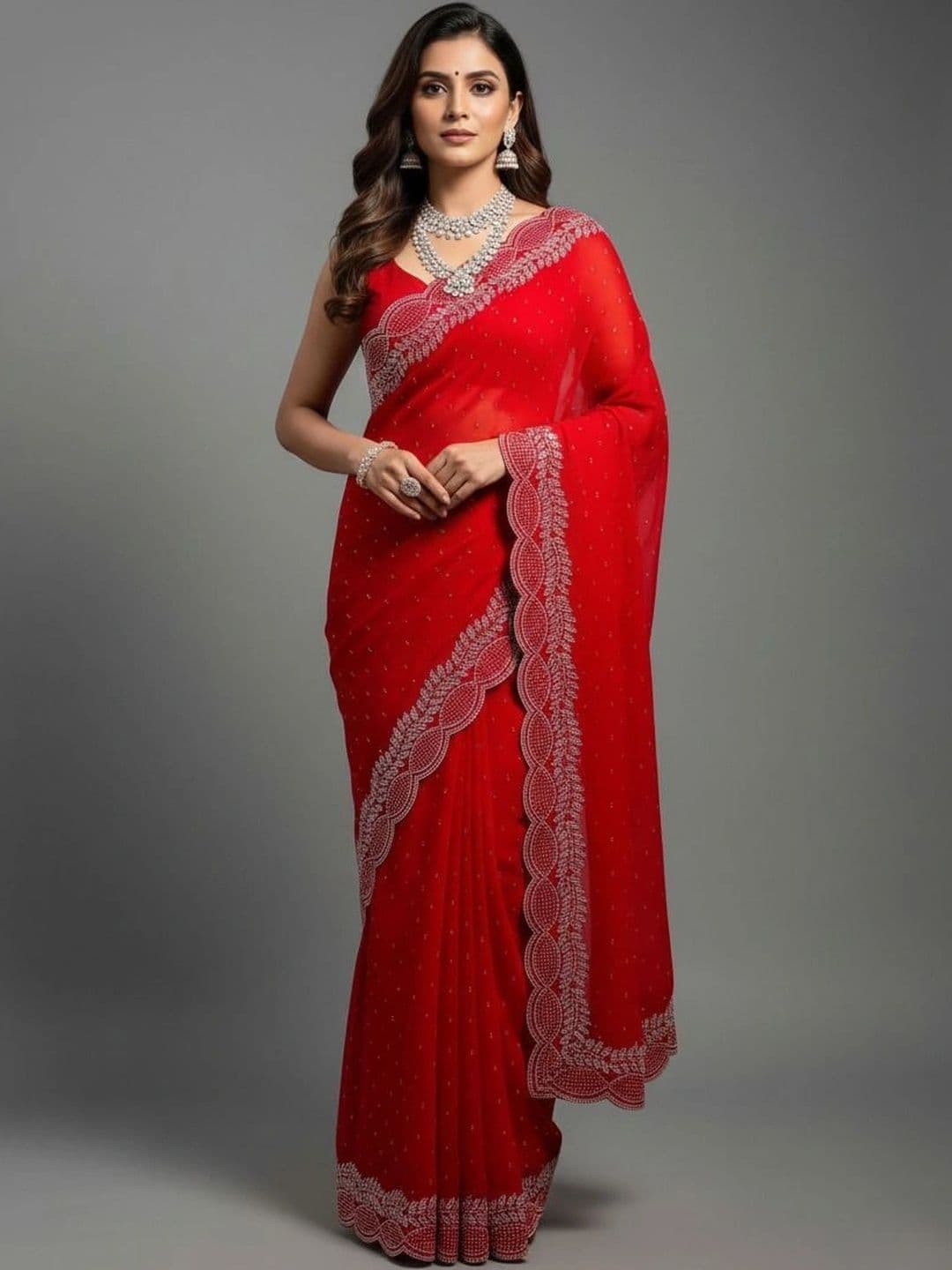 RENBRIZA Embroidered Poly Georgette Saree - view 1