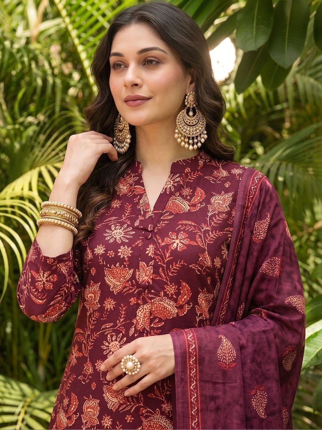 KALINI Floral Printed Mandarin Collar Straight Kurta With Trousers & Dupatta thumbnail 4