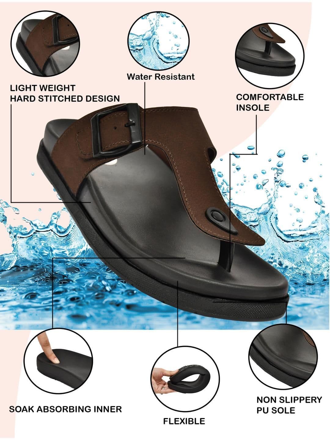G L Trend Men Water-Resistant Brown Leather Slip-On T-Strap Sandals thumbnail 3
