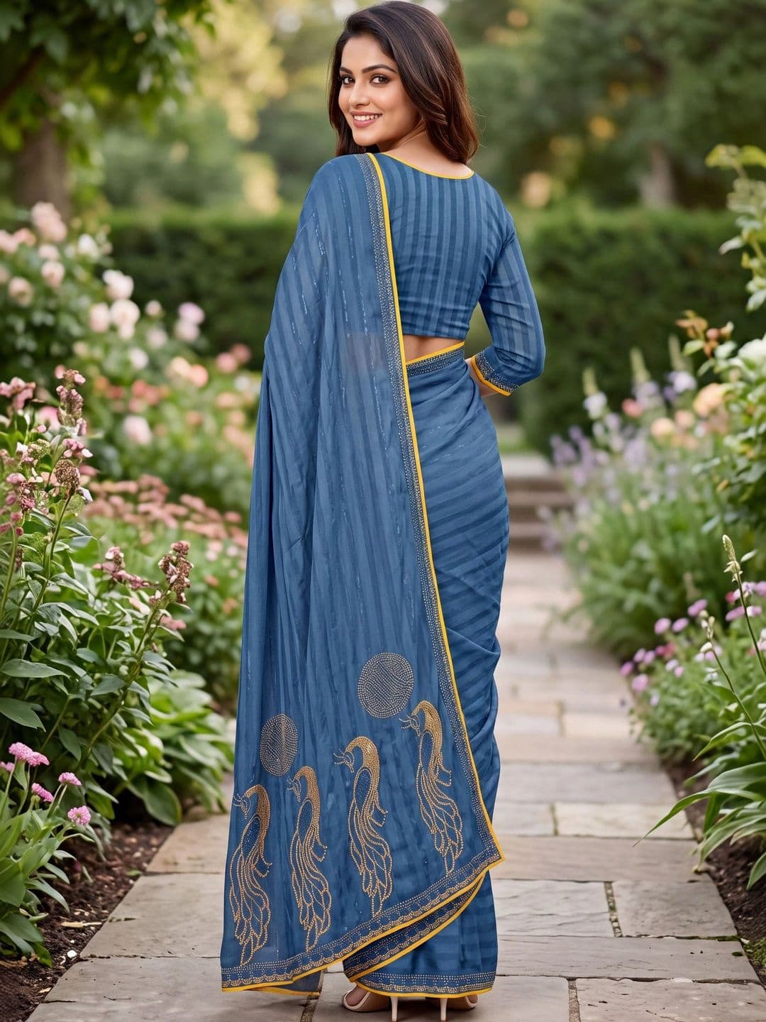 Jaipur Vogue Striped Embroidered Poly Georgette Saree thumbnail 5