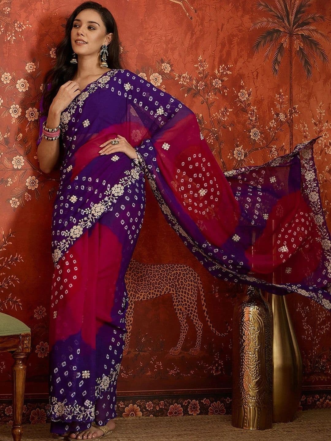 KALINI Bandhani Embroidered Pure Georgette Fusion Bandhani Saree - view 1