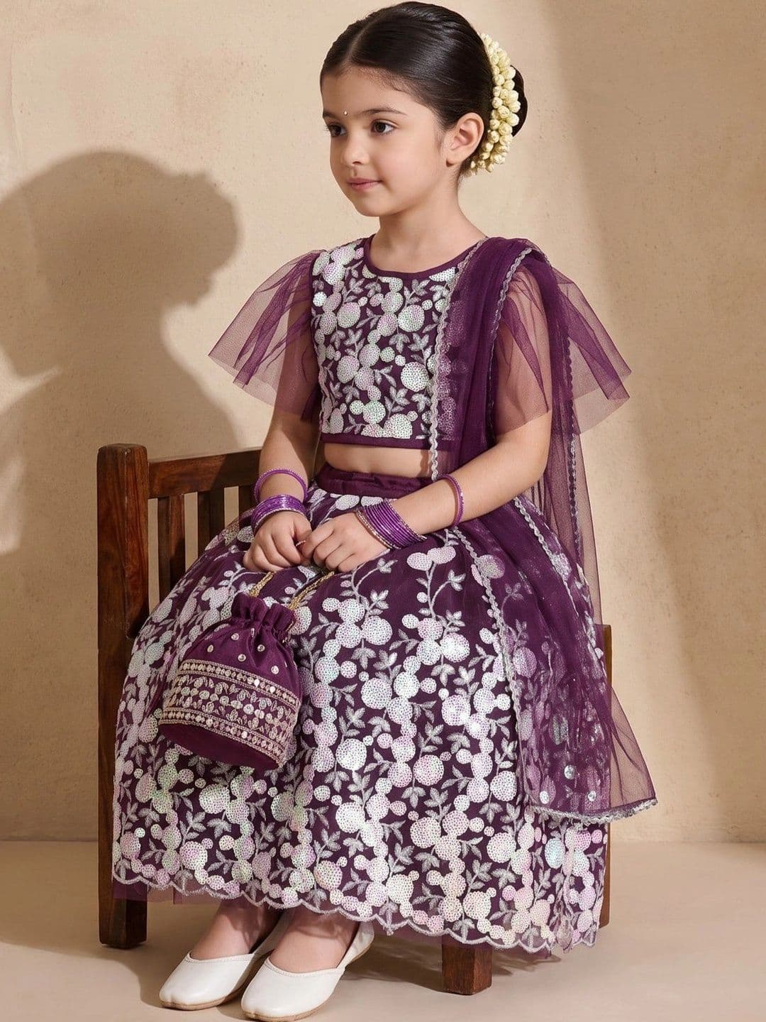 Sangria Girls Plum Floral Embroidered Lehenga & Choli With Dupatta thumbnail 2