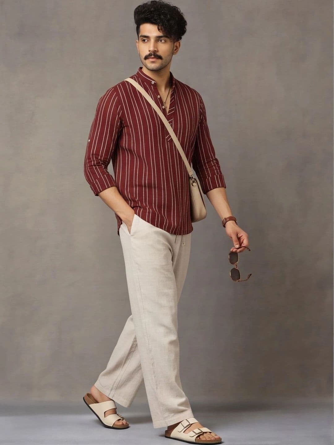 Navibhu Woven Design Striped Cotton Handloom Mandarin Collar Short Kurta - view 1