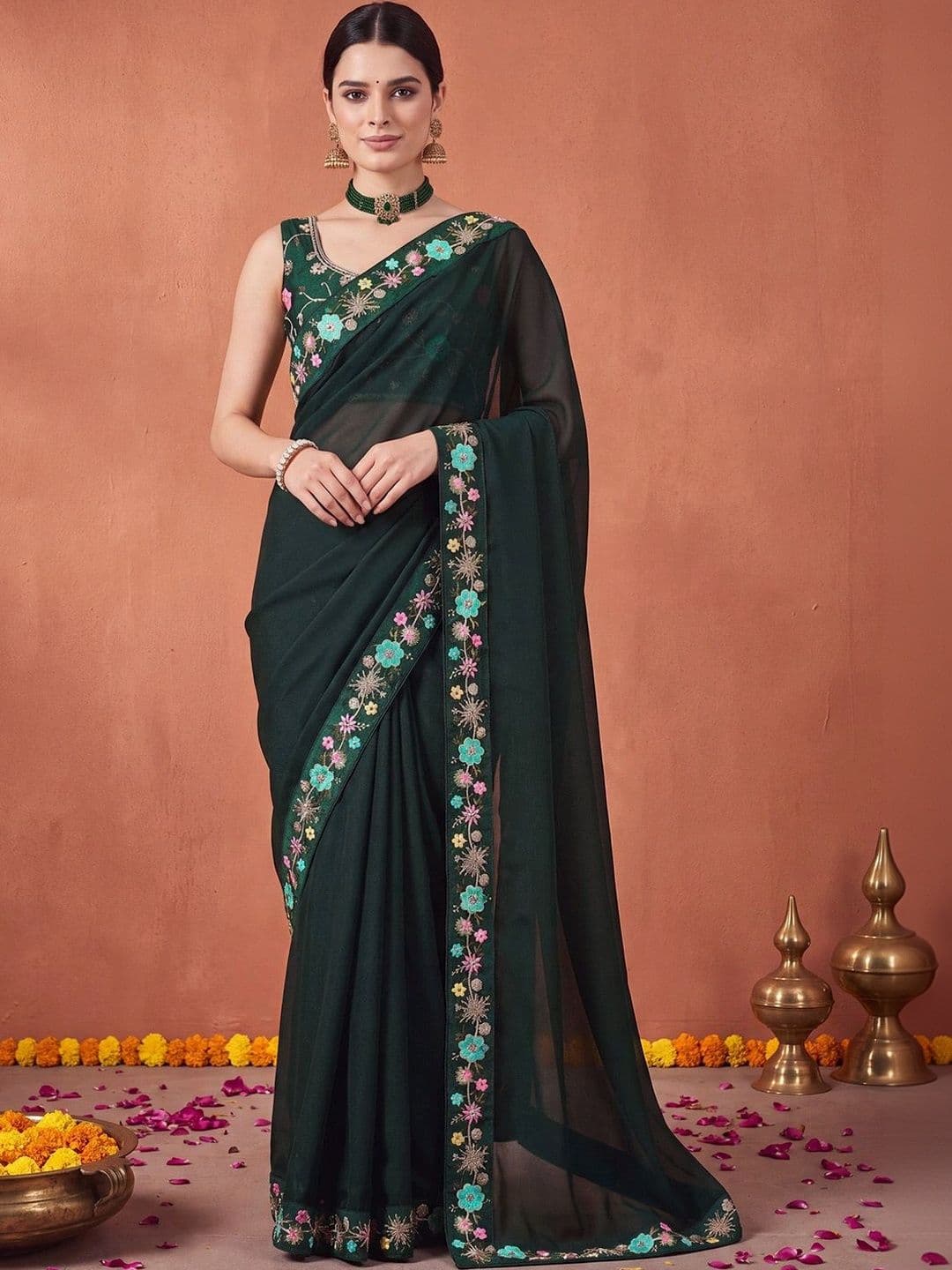 Anouk Floral Embroidered Poly Georgette Designer Saree thumbnail 2